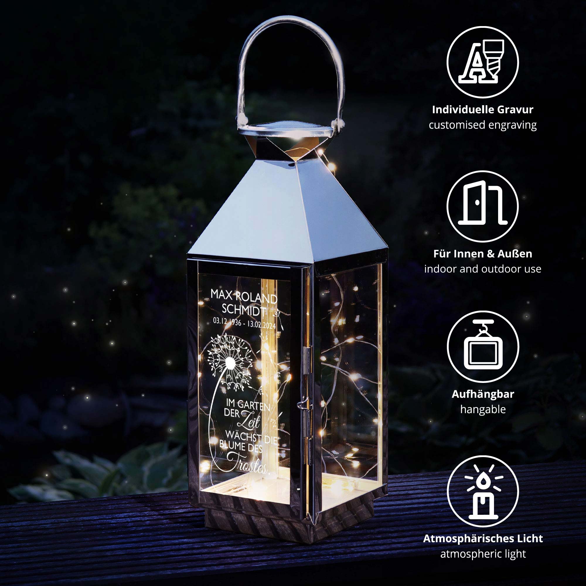Personalisierte Silber Laterne - Blume des Trostes Personalisierte Silber Laterne - Blume des Trostes