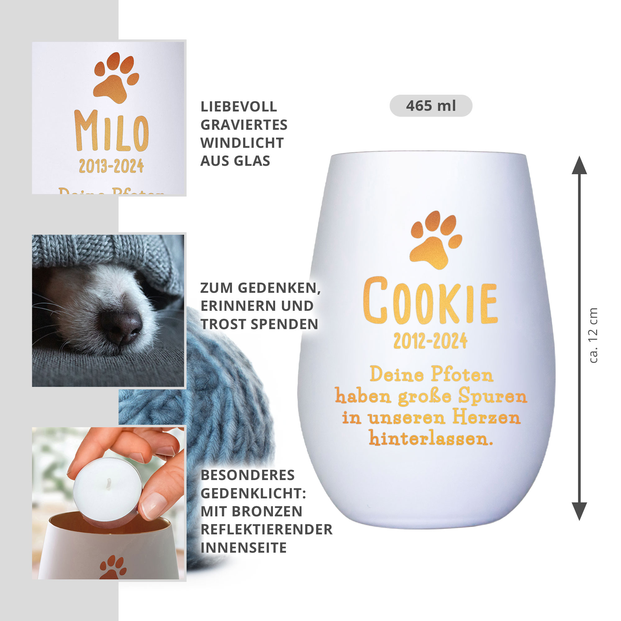 Personalisiertes Windlicht zur Trauer Hund - Weiß Bronze Personalisiertes Windlicht zur Trauer Hund - Weiß Bronze