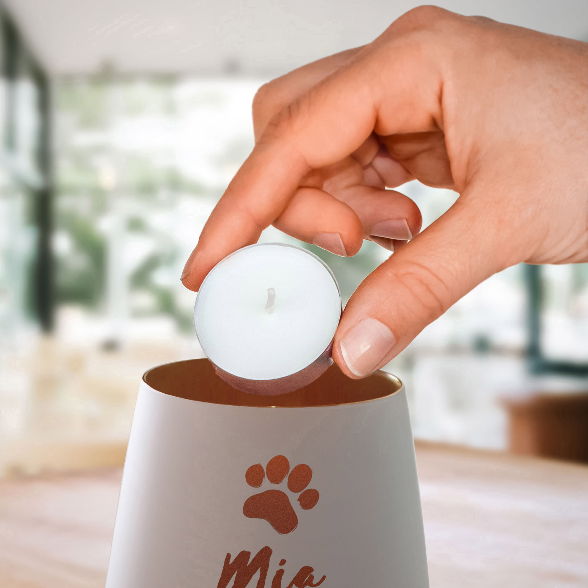 Personalisiertes Windlicht zur Trauer Katze - Weiß Bronze Personalisiertes Windlicht zur Trauer Katze - Weiß Bronze