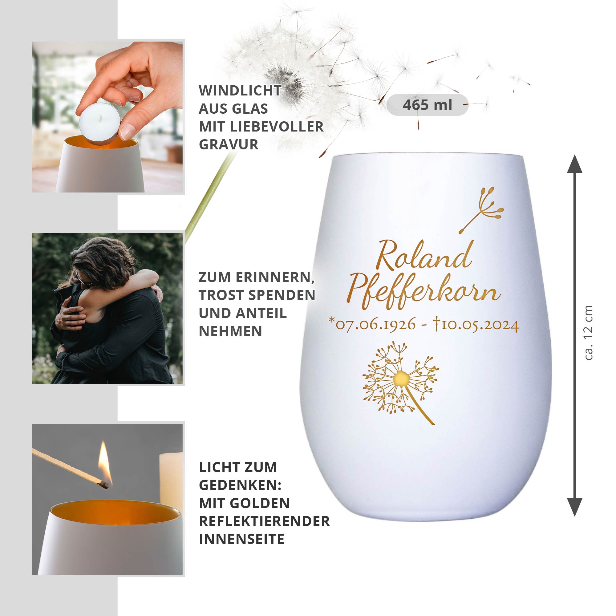 Personalisiertes Windlicht mit Trauerblume - Weiß Gold Personalisiertes Windlicht mit Trauerblume - Weiß Gold