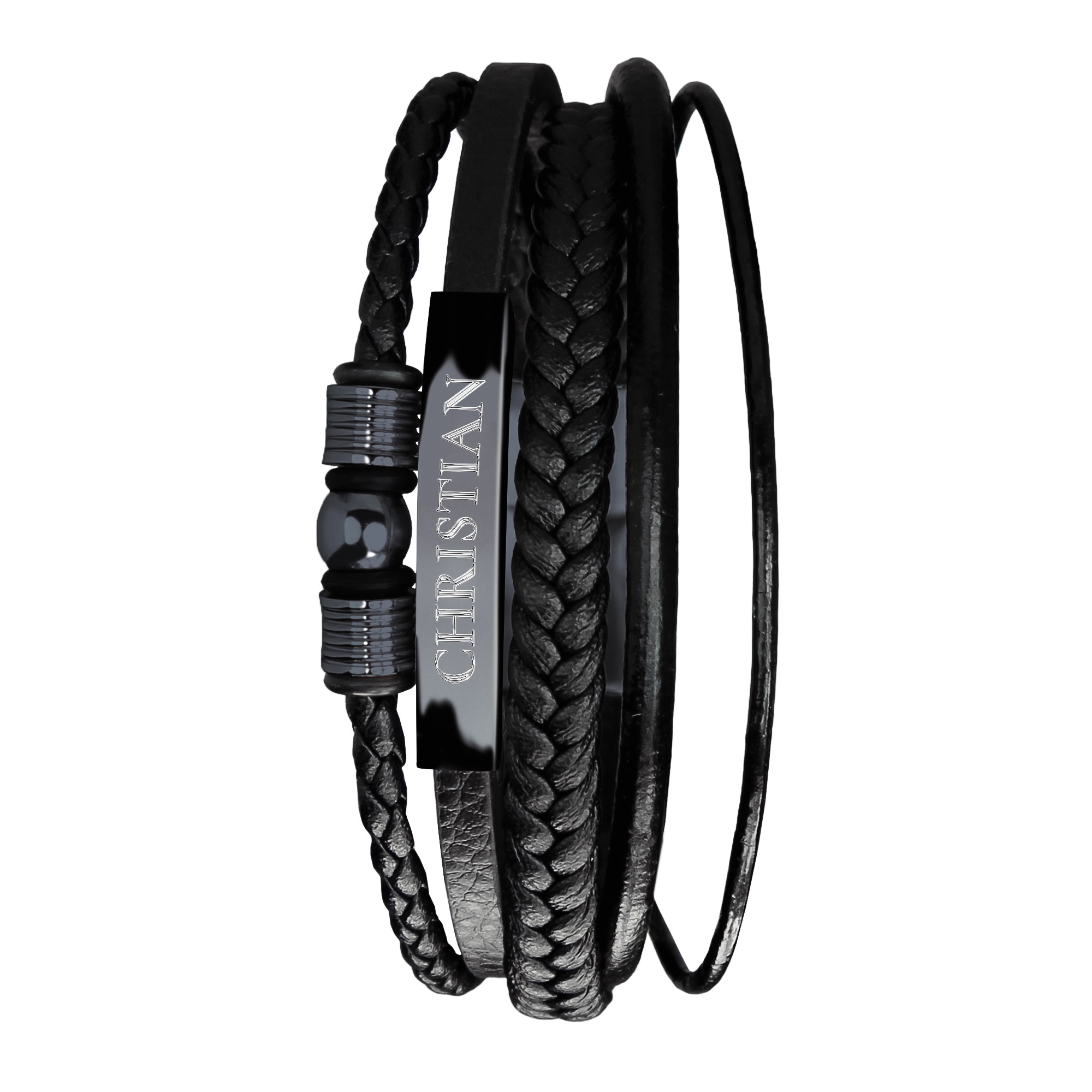 Geflochtenes Herrenarmband mit Beads Schwarz - Wunschtext