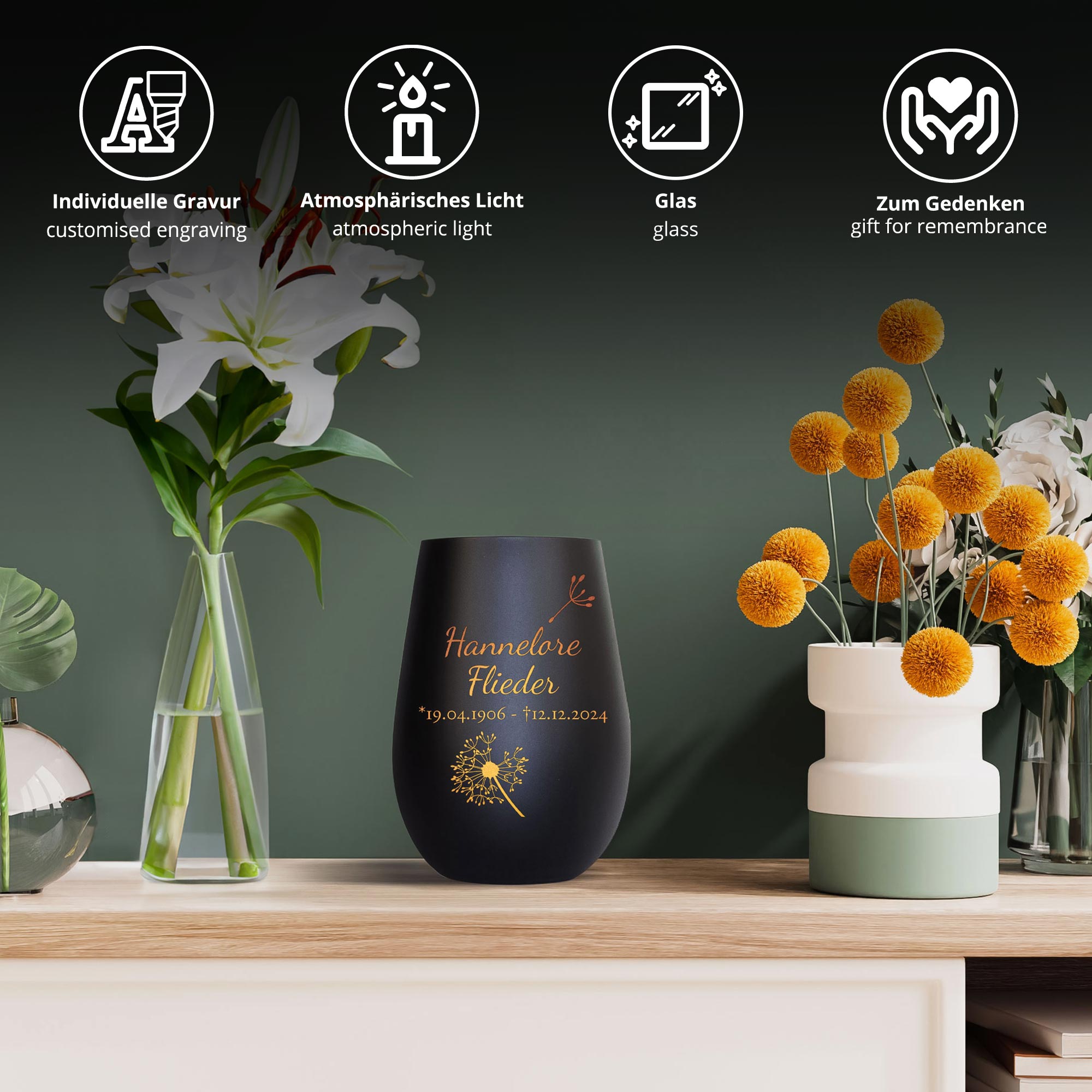 Personalisiertes Windlicht mit Trauerblume - Schwarz Bronze