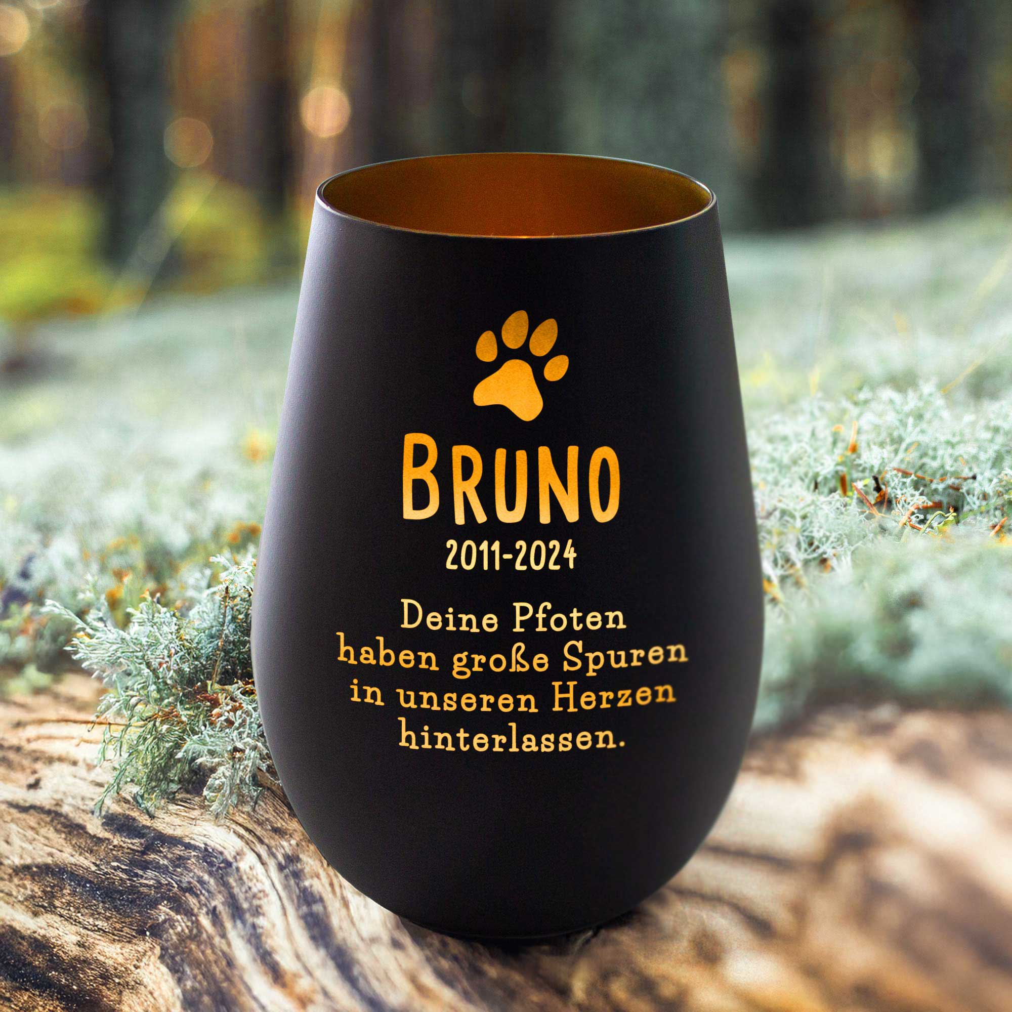 Personalisiertes Windlicht zur Trauer Hund - Schwarz Gold Personalisiertes Windlicht zur Trauer Hund - Schwarz Gold