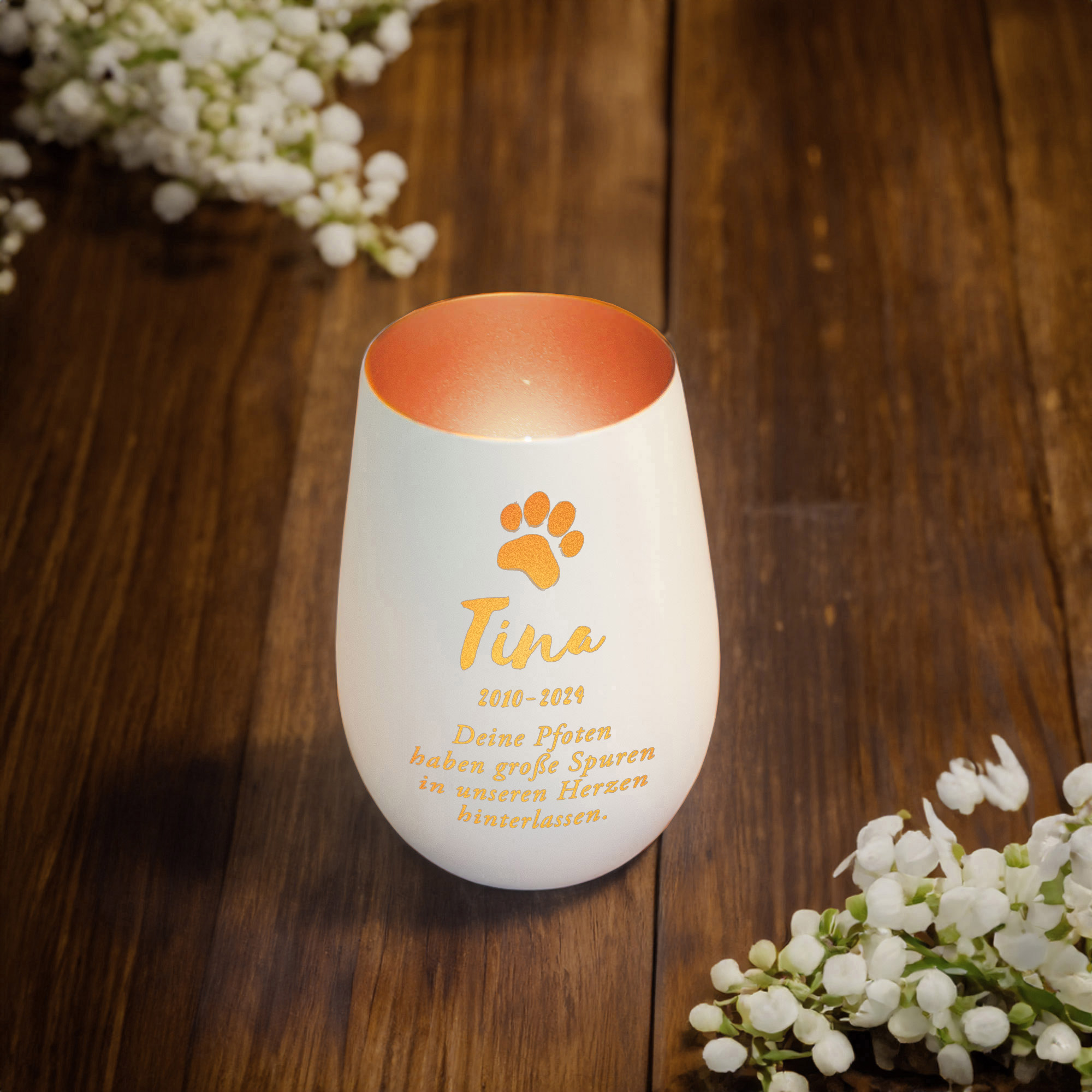 Personalisiertes Windlicht zur Trauer Katze - Weiß Bronze Personalisiertes Windlicht zur Trauer Katze - Weiß Bronze