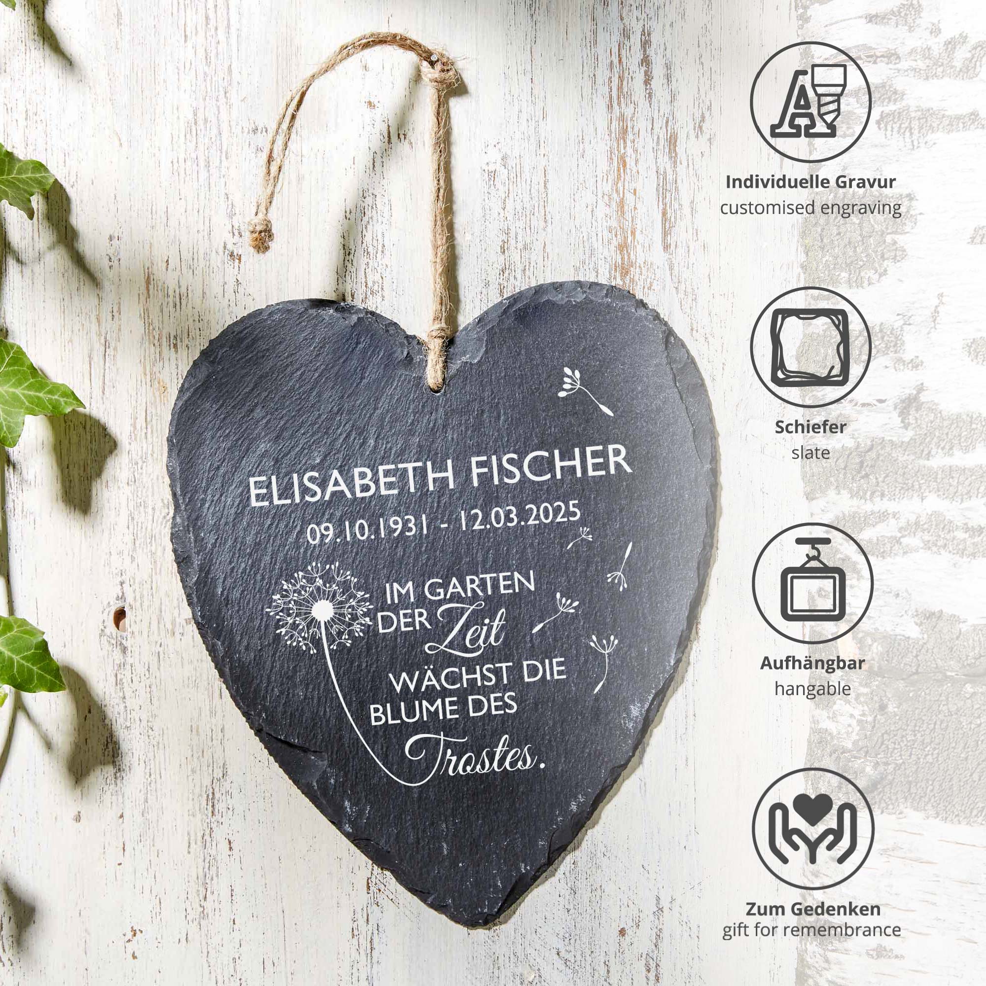 Personalisiertes Schieferherz - Blume des Trostes Personalisiertes Schieferherz - Blume des Trostes