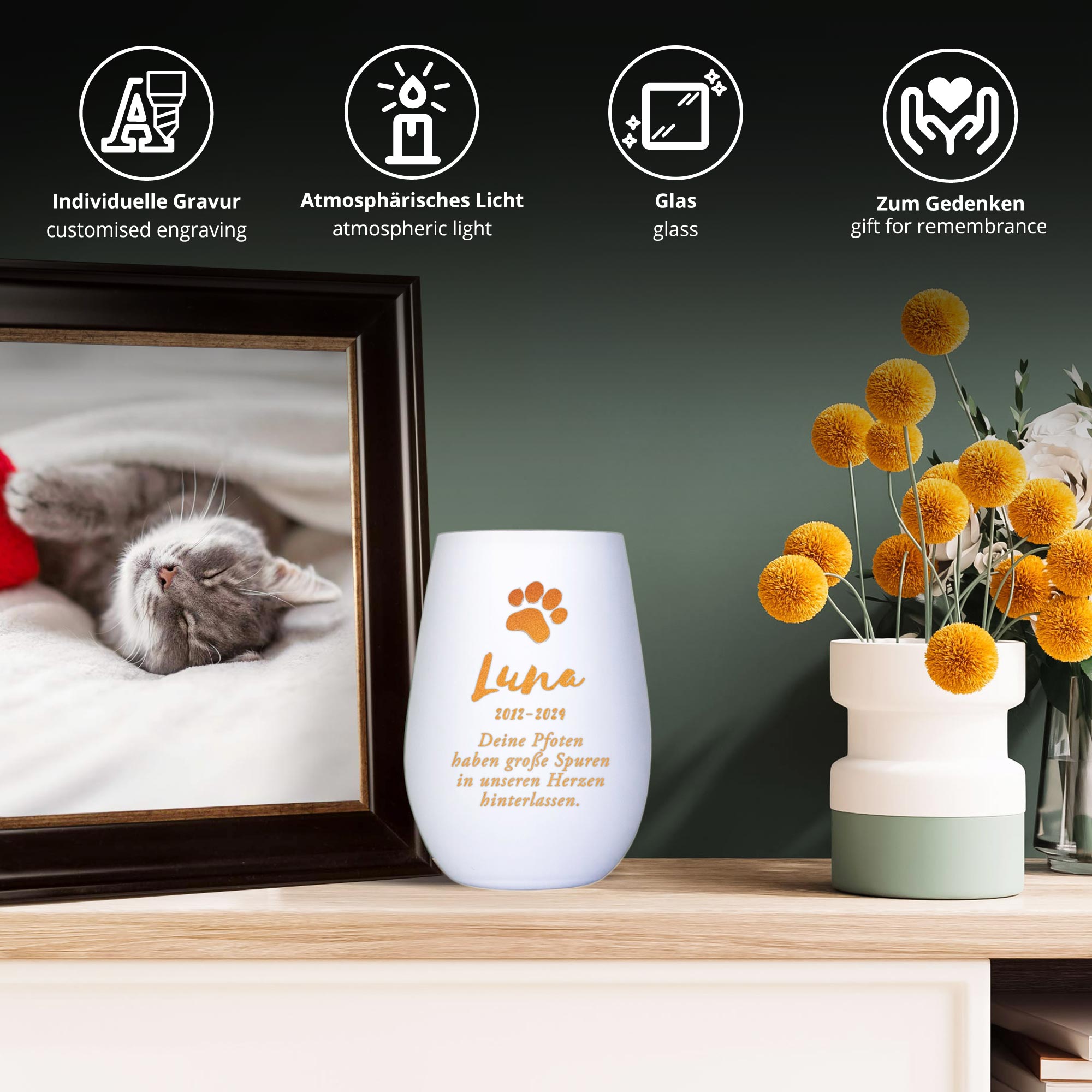 Personalisiertes Windlicht zur Trauer Katze - Weiß Bronze Personalisiertes Windlicht zur Trauer Katze - Weiß Bronze