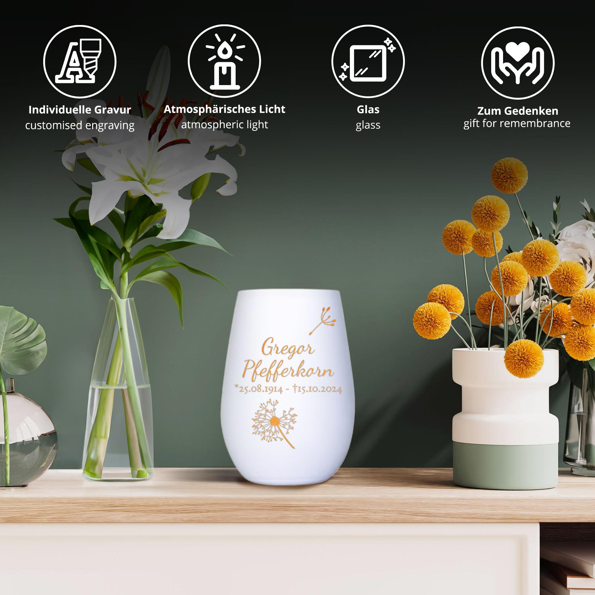 Personalisiertes Windlicht mit Trauerblume - Weiß Bronze Personalisiertes Windlicht mit Trauerblume - Weiß Bronze