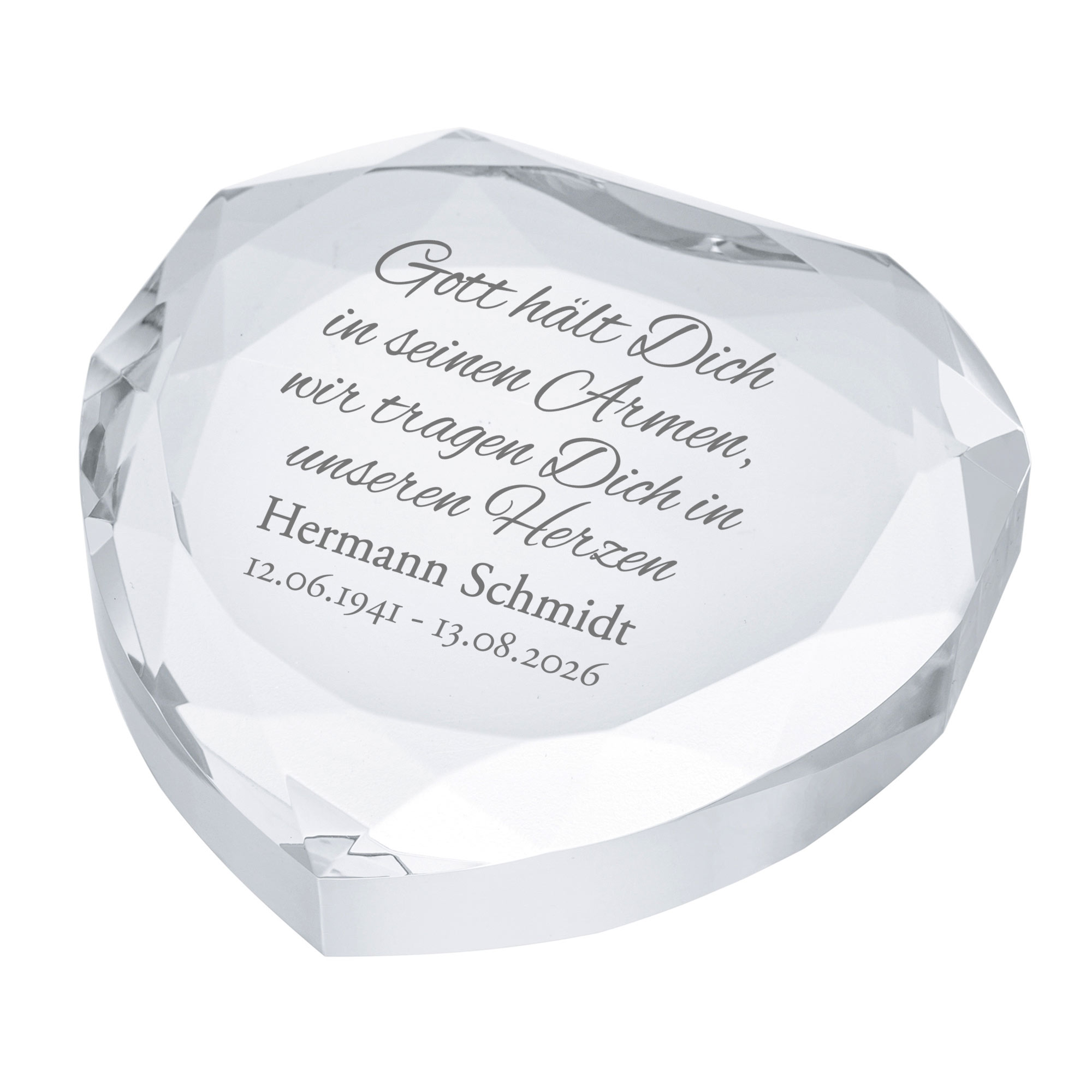 Personalisierter Herz Kristall - Gott hält dich in seinen Armen Personalisierter Herz Kristall - Gott hält dich in seinen Armen