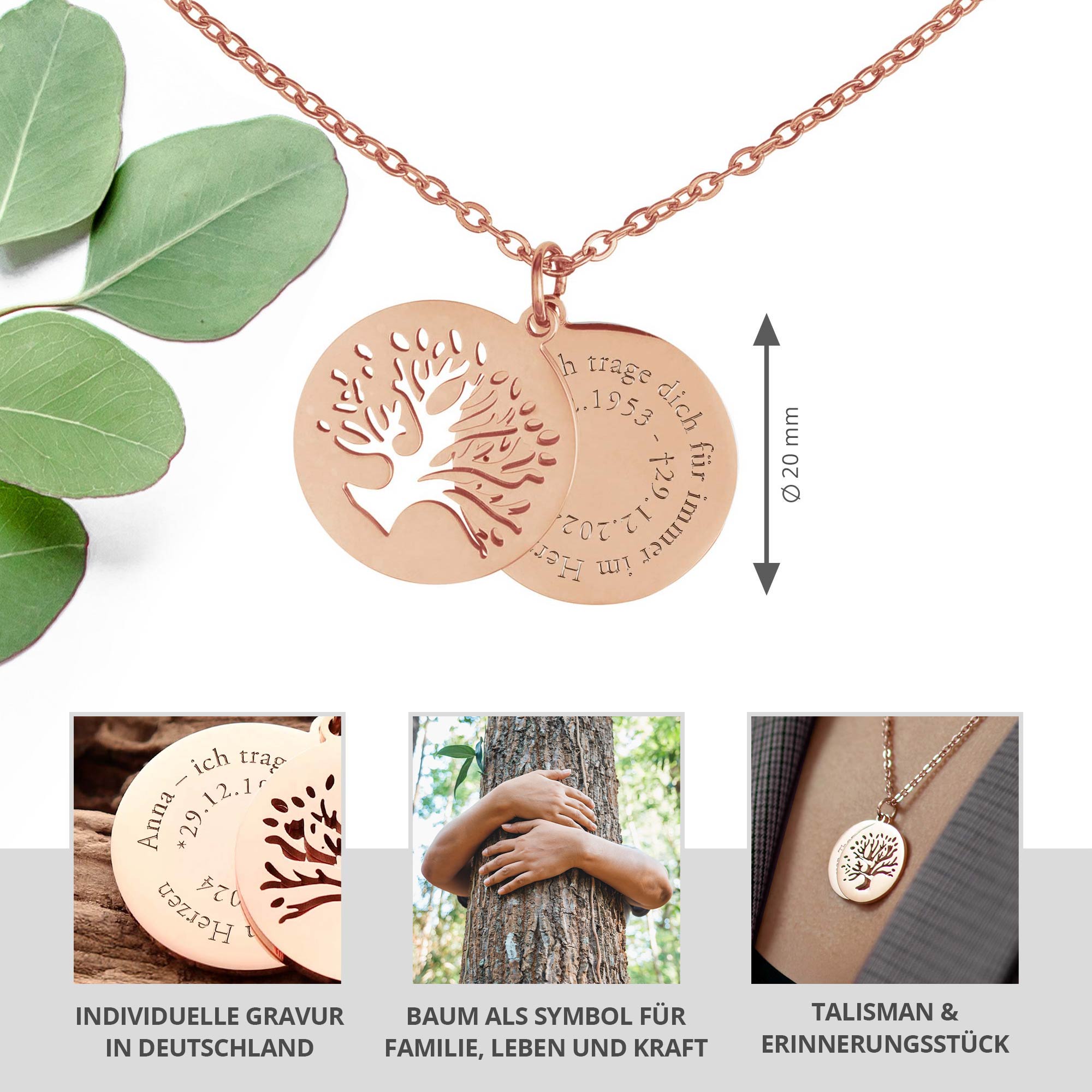 Personalisierte Halskette Roségold mit 2 Anhängern - Lebensbaum
