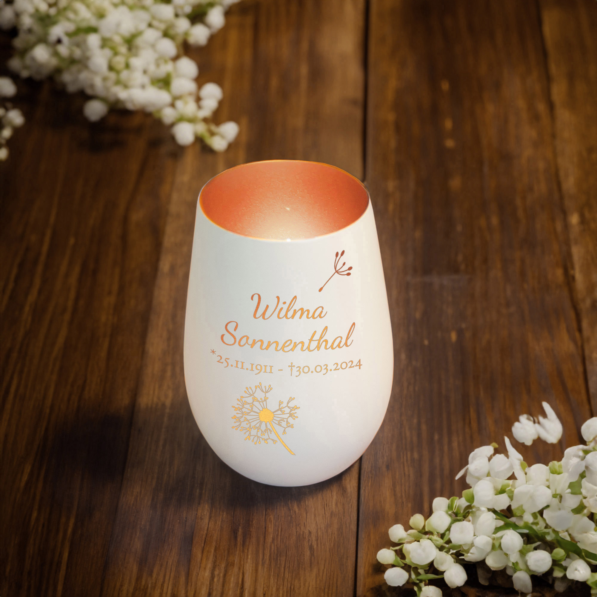 Personalisiertes Windlicht mit Trauerblume - Weiß Bronze Personalisiertes Windlicht mit Trauerblume - Weiß Bronze