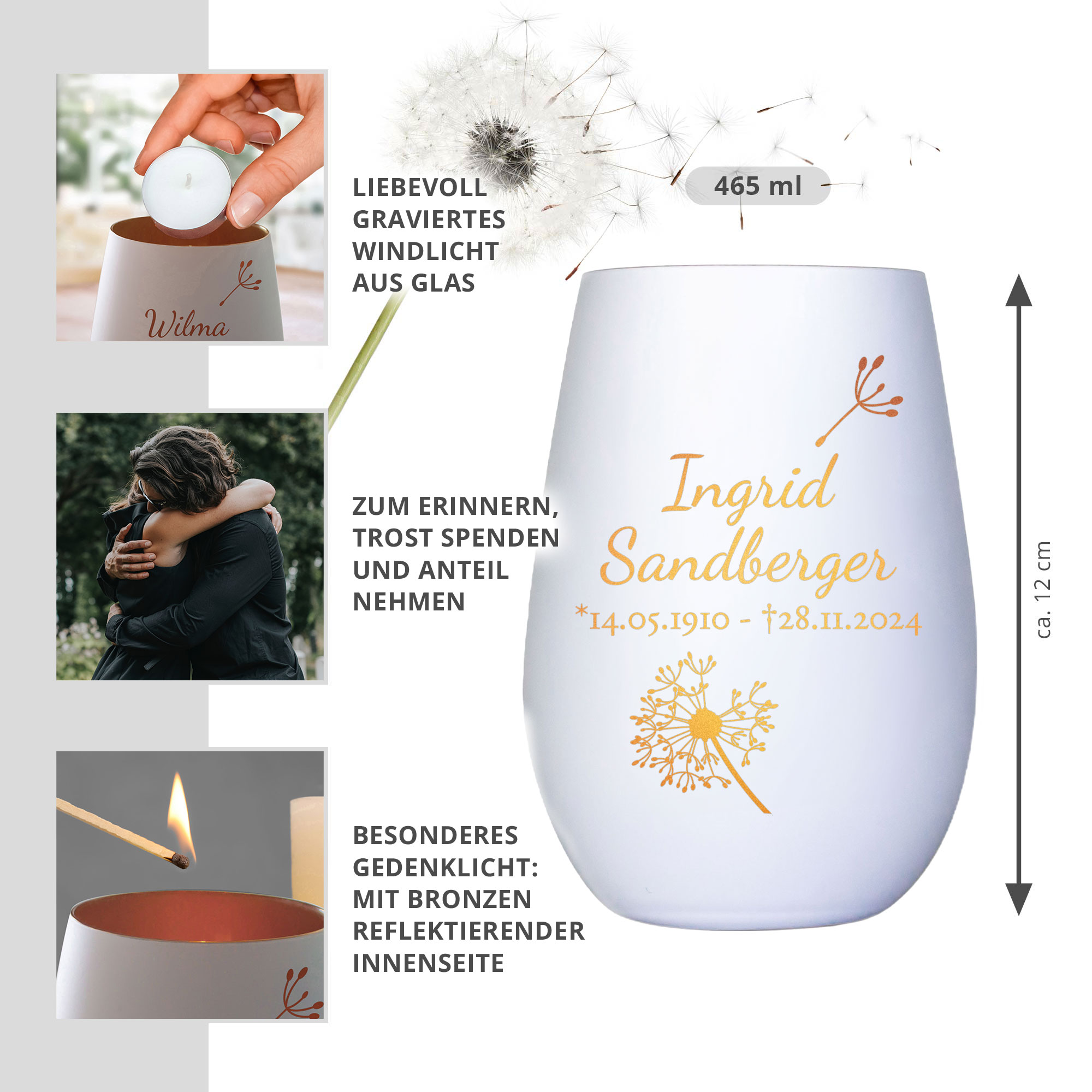 Personalisiertes Windlicht mit Trauerblume - Weiß Bronze