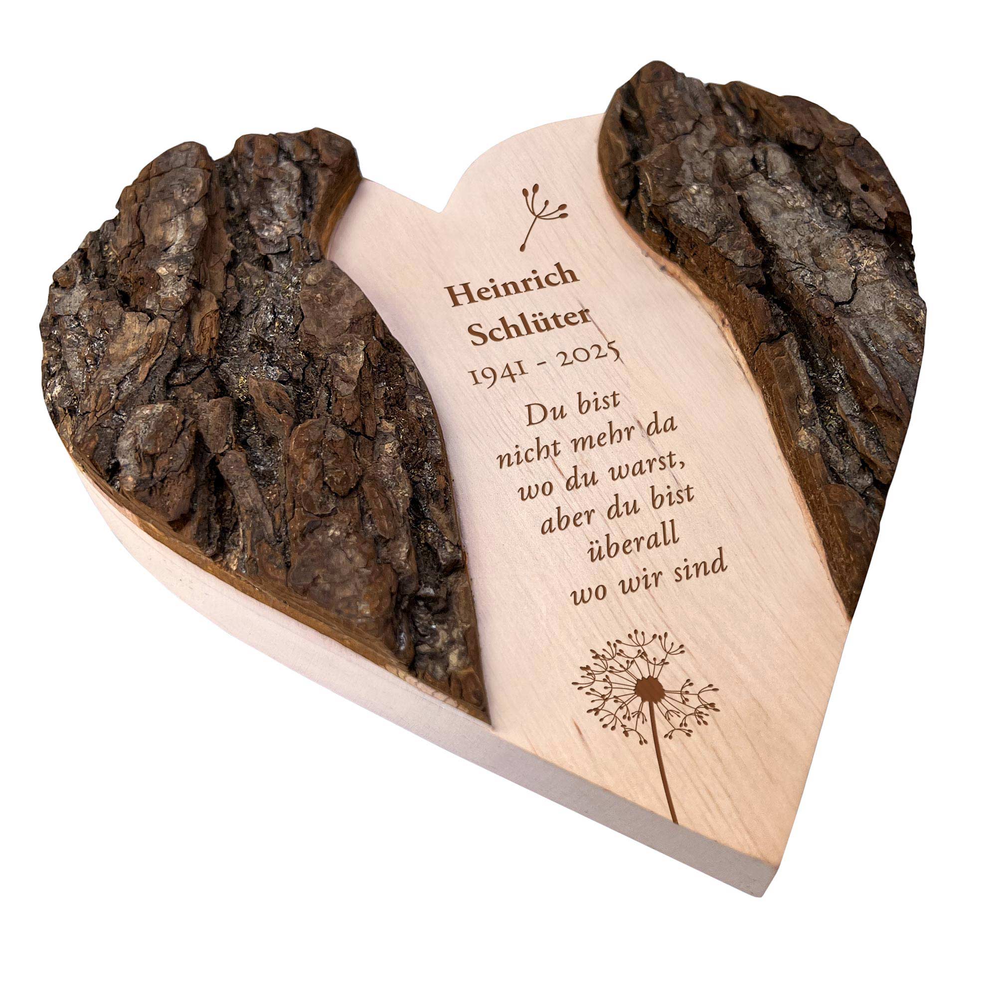 Personalisiertes Holzherz mit Rinde - Trauerblume Personalisiertes Holzherz mit Rinde - Trauerblume