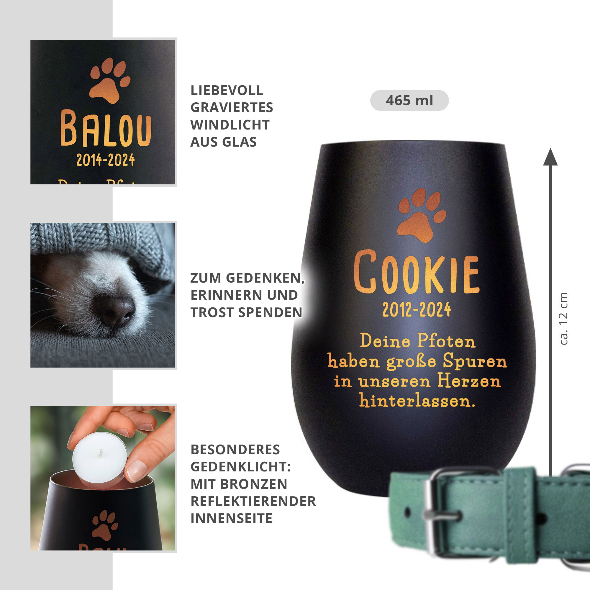 Personalisiertes Windlicht zur Trauer Hund - Schwarz Bronze Personalisiertes Windlicht zur Trauer Hund - Schwarz Bronze