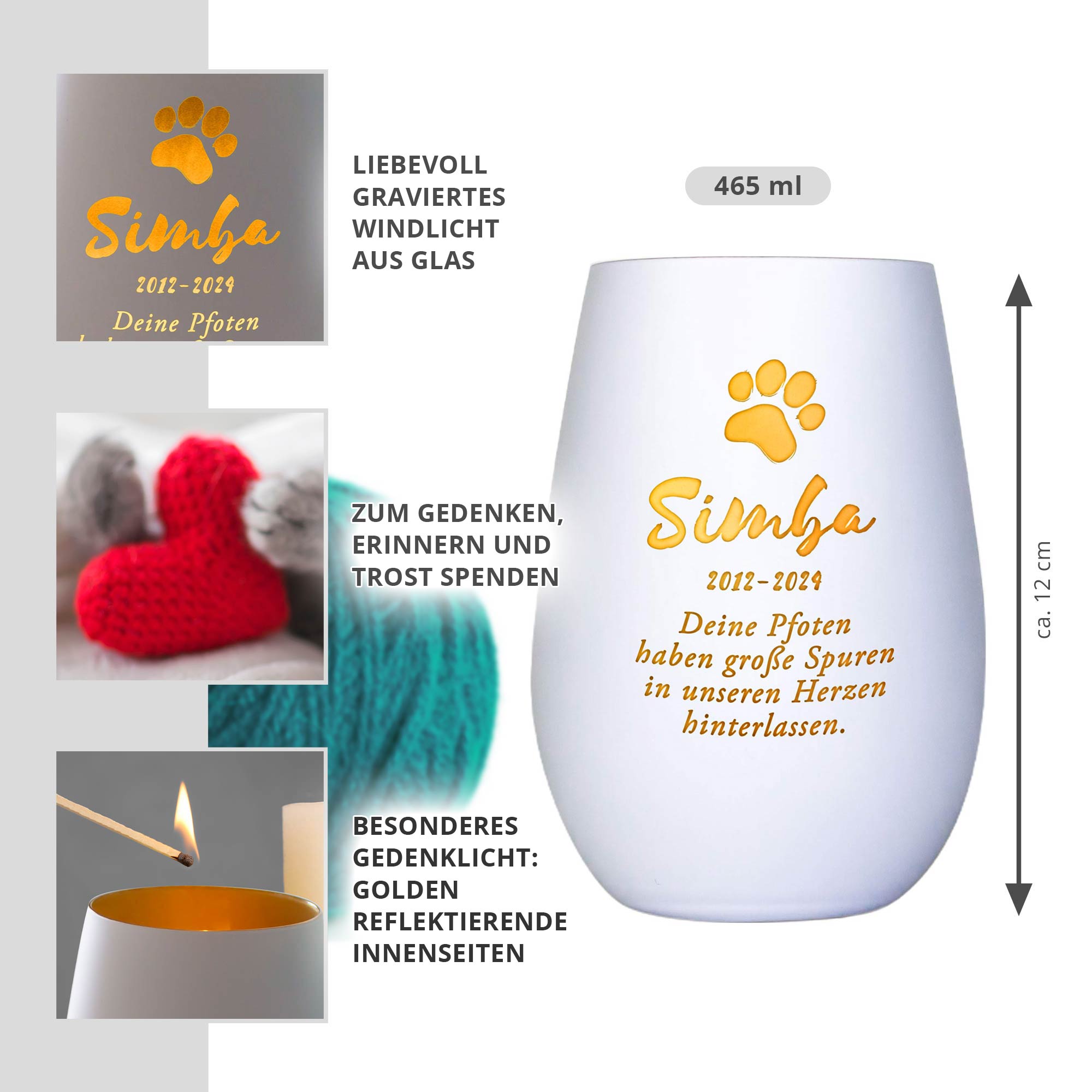 Personalisiertes Windlicht zur Trauer Katze - Weiß Gold Personalisiertes Windlicht zur Trauer Katze - Weiß Gold