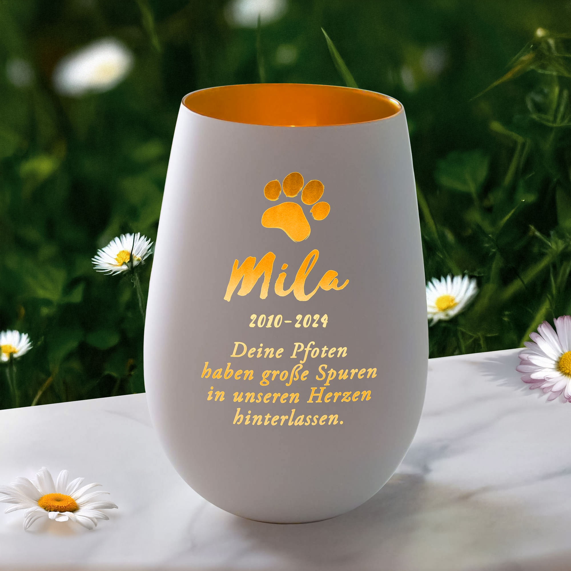 Personalisiertes Windlicht zur Trauer Katze - Weiß Gold Personalisiertes Windlicht zur Trauer Katze - Weiß Gold