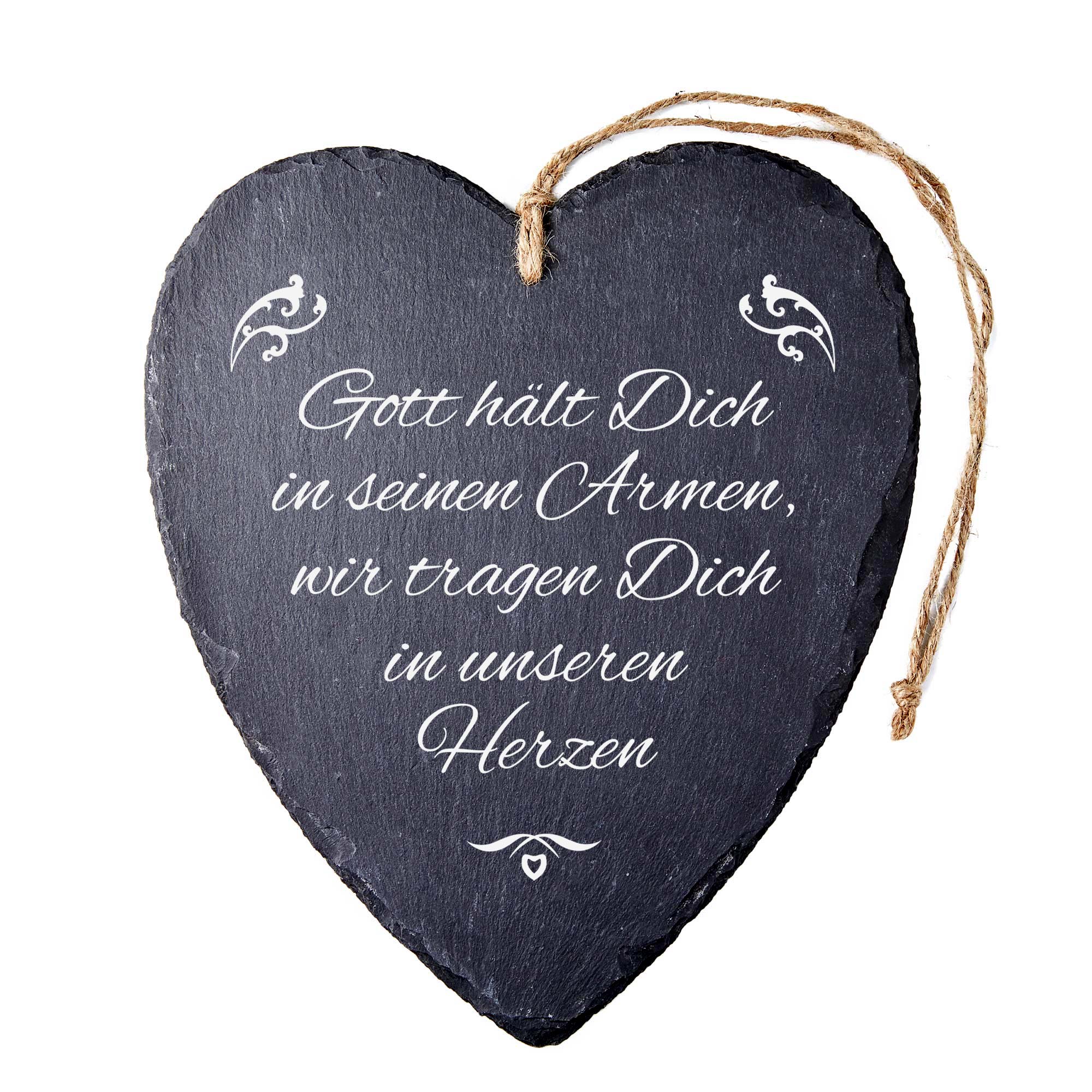 Schieferherz mit Gravur - Gott hält dich in seinen Armen Schieferherz mit Gravur - Gott hält dich in seinen Armen
