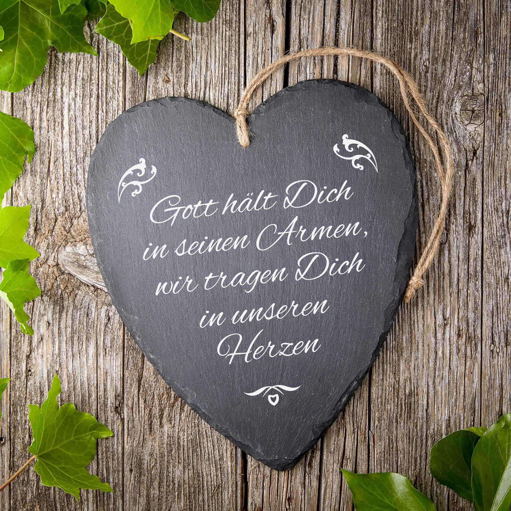 Schieferherz mit Gravur - Gott hält dich in seinen Armen