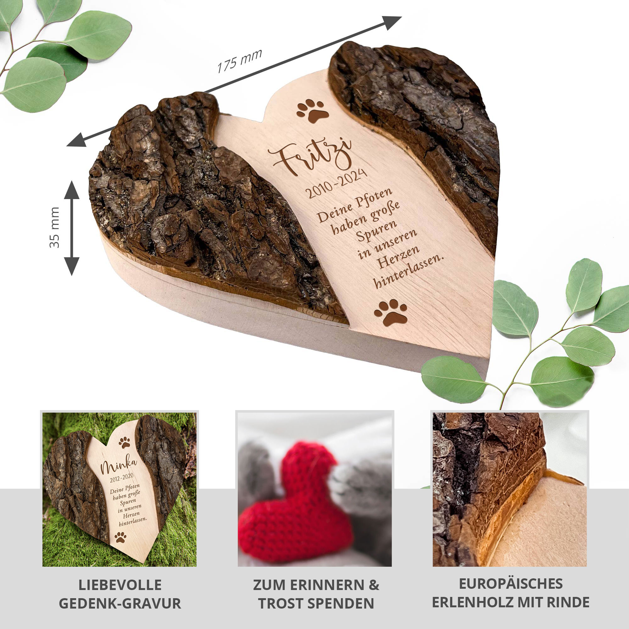 Personalisiertes Holzherz mit Rinde - Katze Personalisiertes Holzherz mit Rinde - Katze