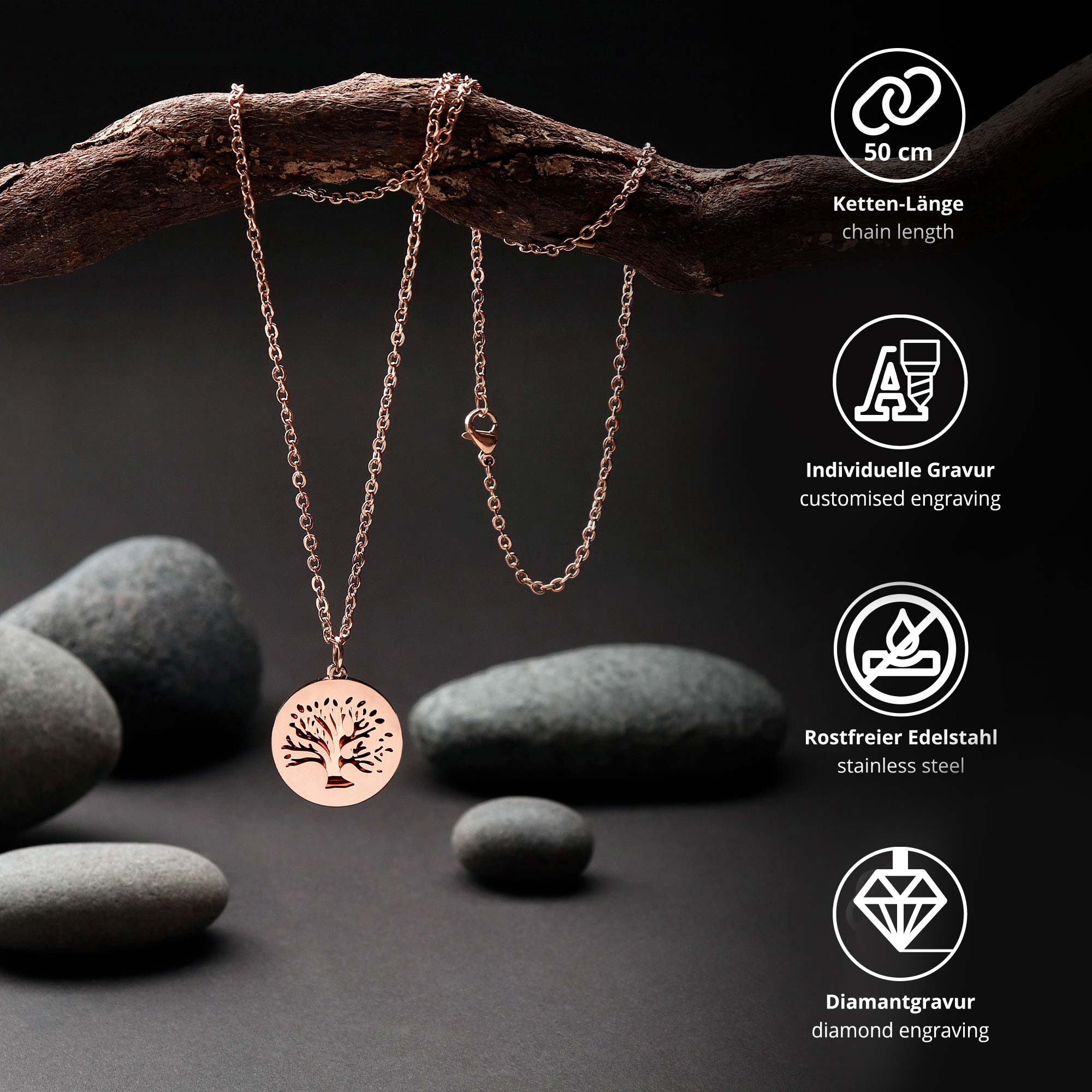 Personalisierte Halskette Roségold mit 2 Anhängern - Lebensbaum Personalisierte Halskette Roségold mit 2 Anhängern - Lebensbaum