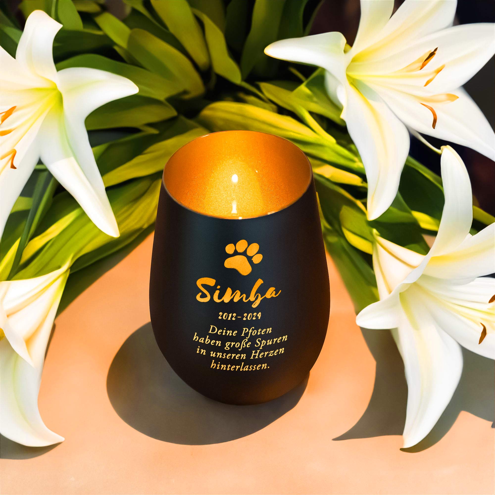 Personalisiertes Windlicht zur Trauer Katze - Schwarz Gold Personalisiertes Windlicht zur Trauer Katze - Schwarz Gold