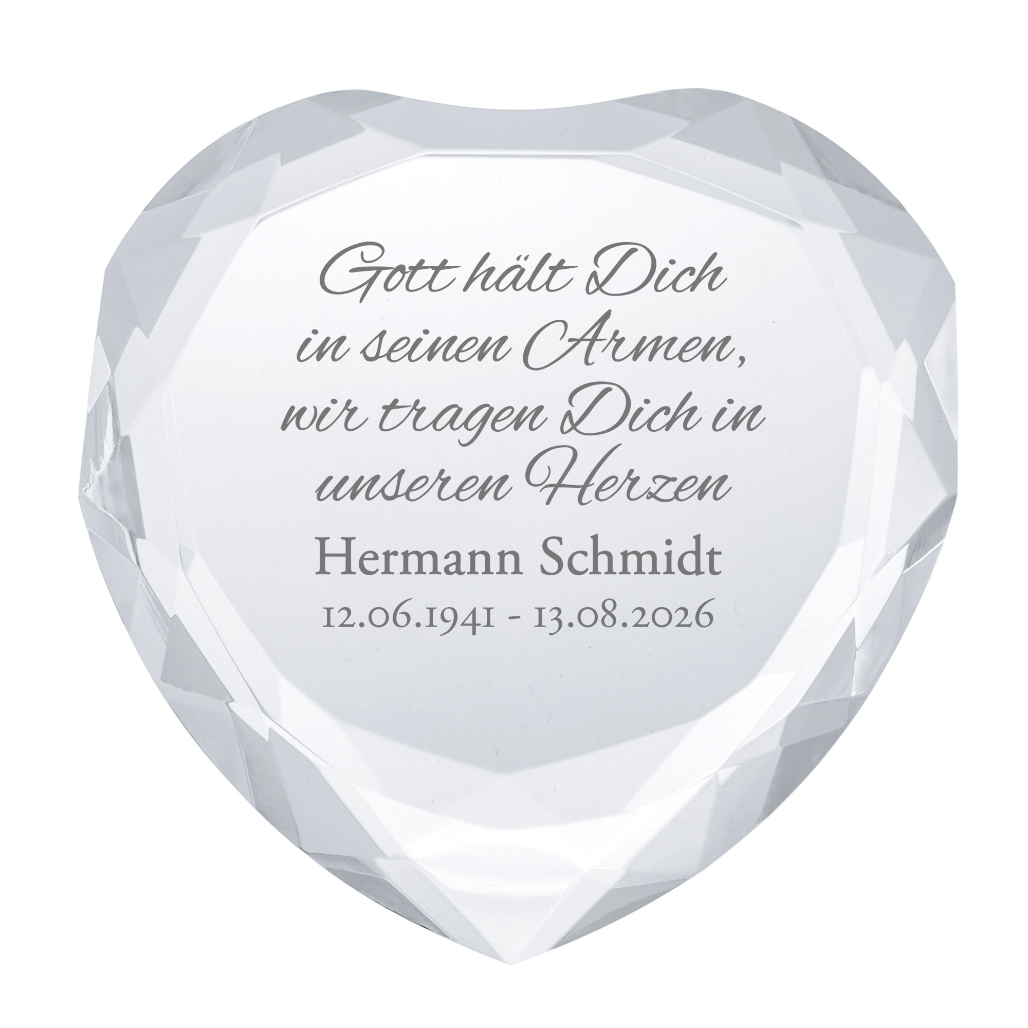 Personalisierter Herz Kristall - Gott hält dich in seinen Armen