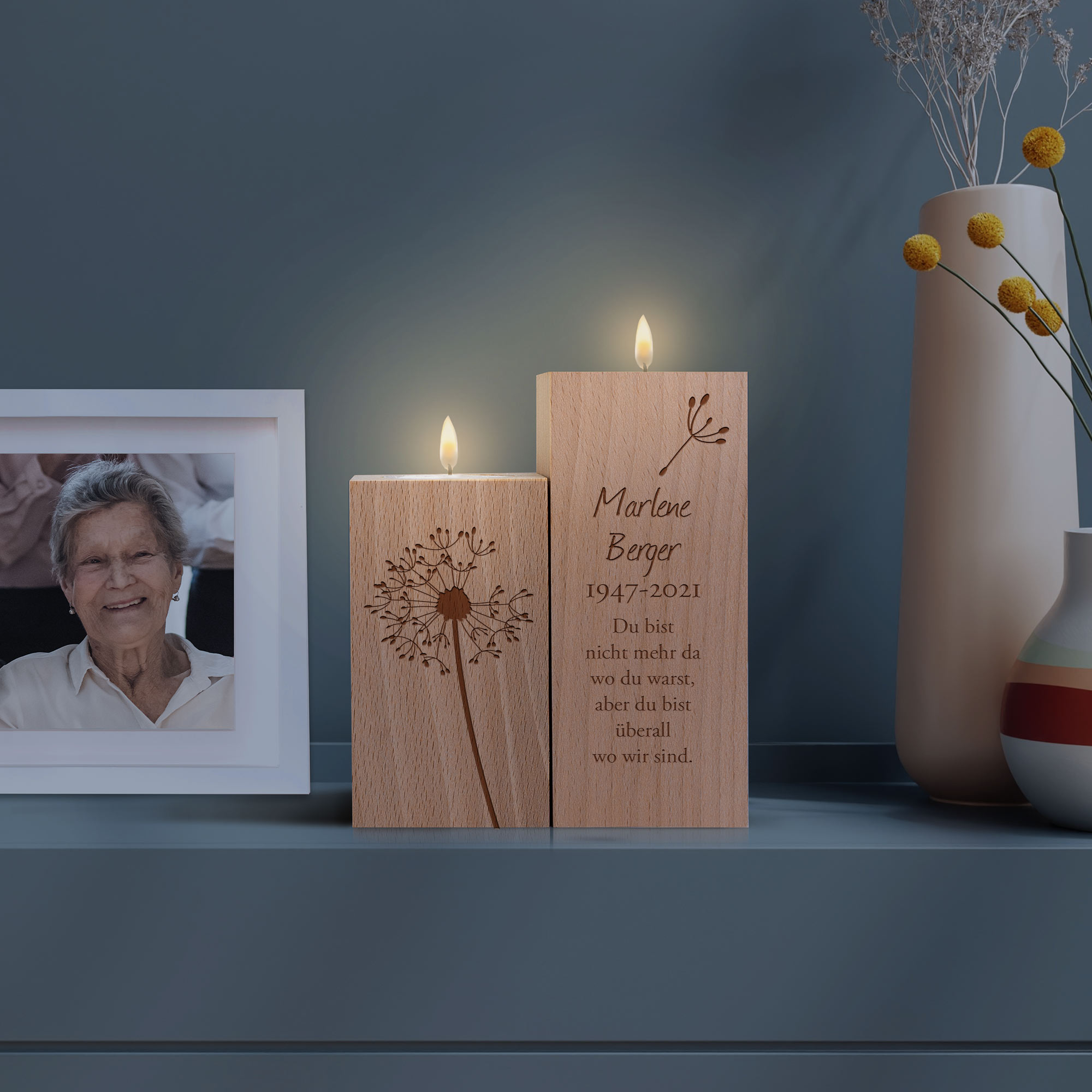 Teelichthalter Set mit Gravur zur Trauer - Trauerblume