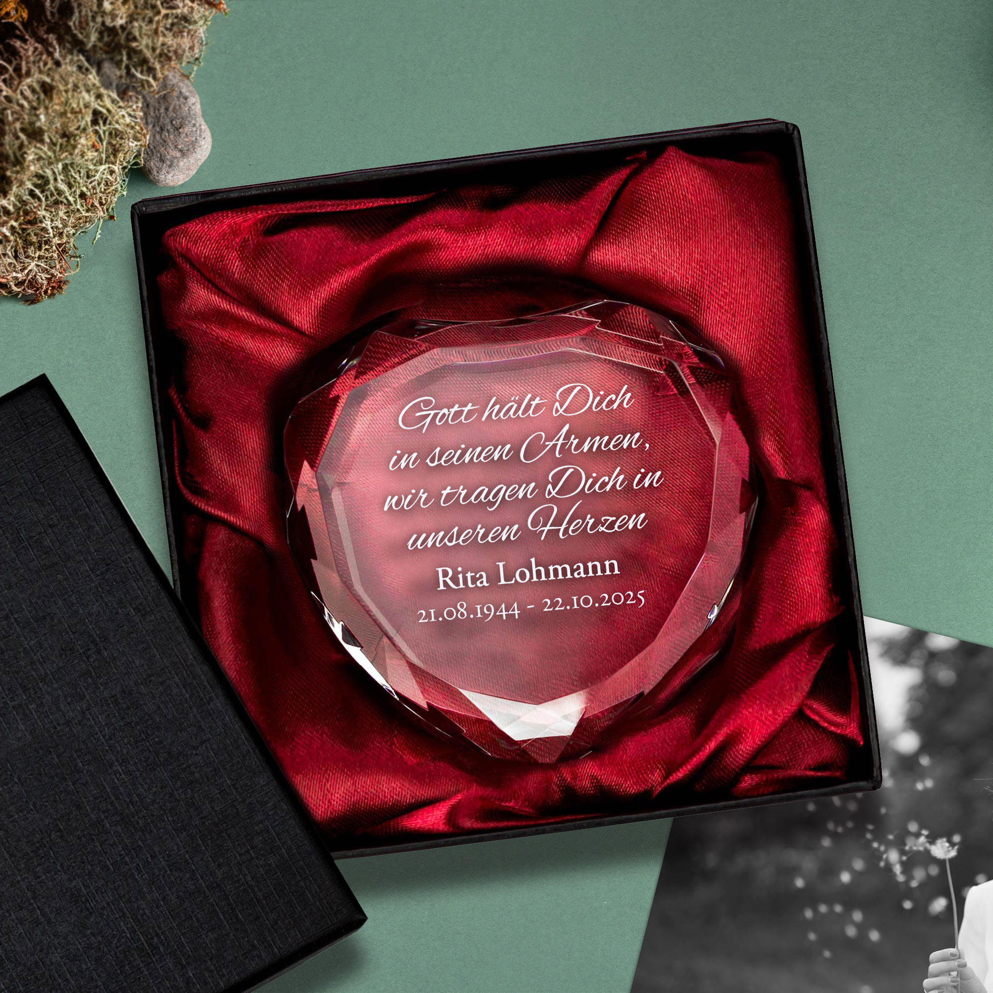 Personalisierter Herz Kristall - Gott hält dich in seinen Armen Personalisierter Herz Kristall - Gott hält dich in seinen Armen