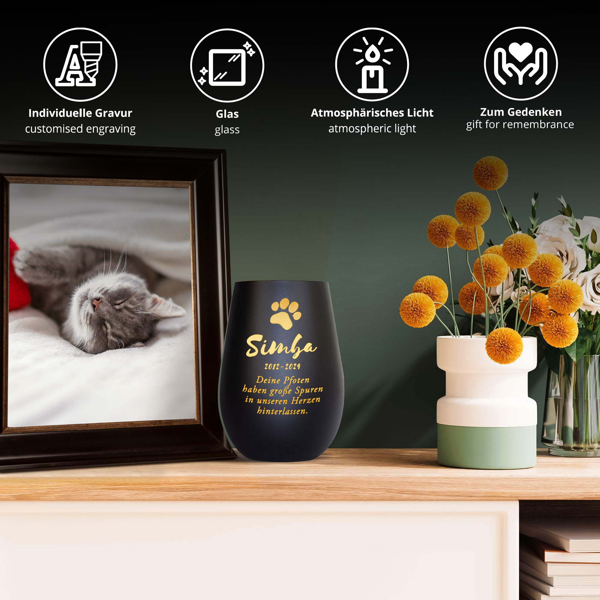 Personalisiertes Windlicht zur Trauer Katze - Schwarz Gold Personalisiertes Windlicht zur Trauer Katze - Schwarz Gold