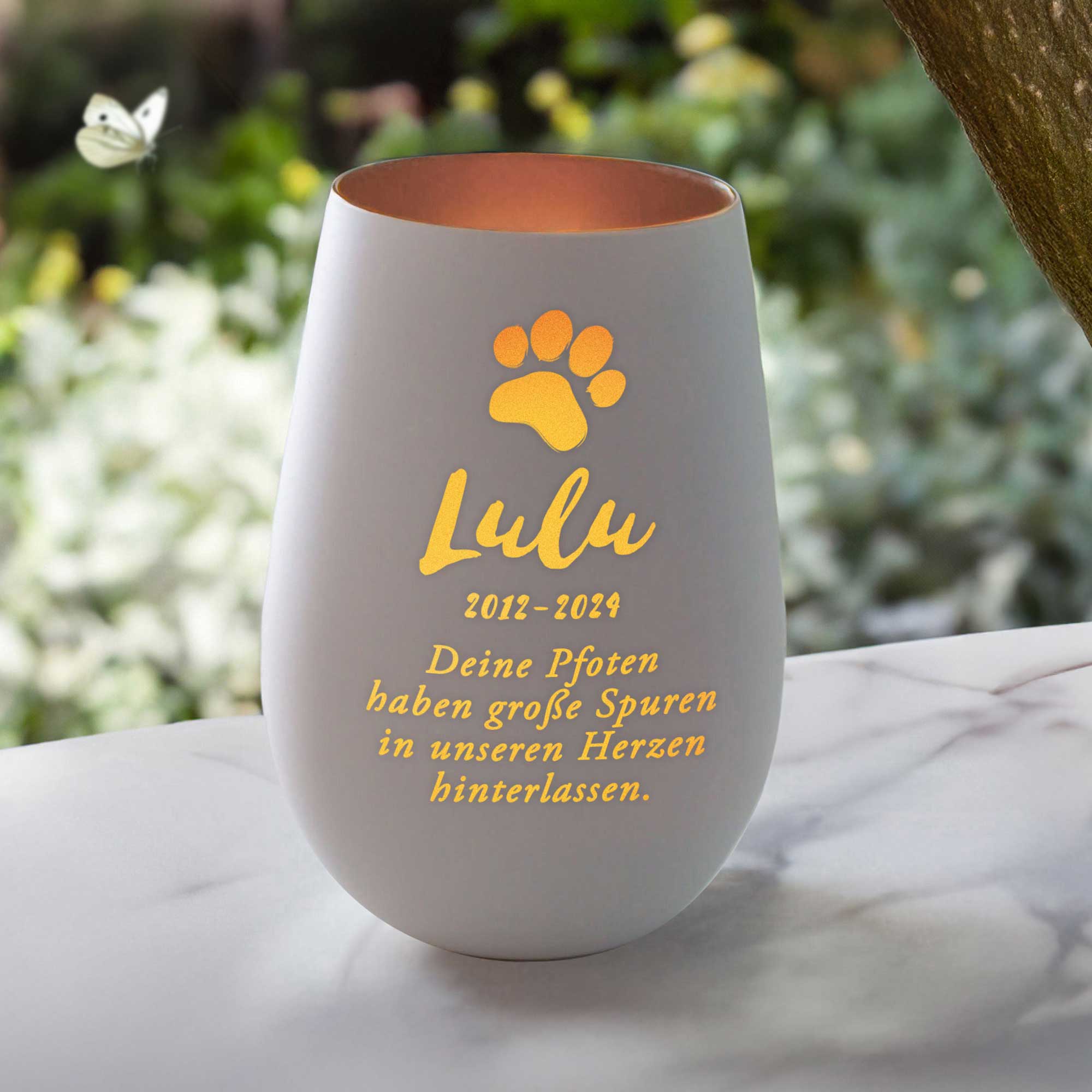 Personalisiertes Windlicht zur Trauer Katze - Weiß Bronze Personalisiertes Windlicht zur Trauer Katze - Weiß Bronze