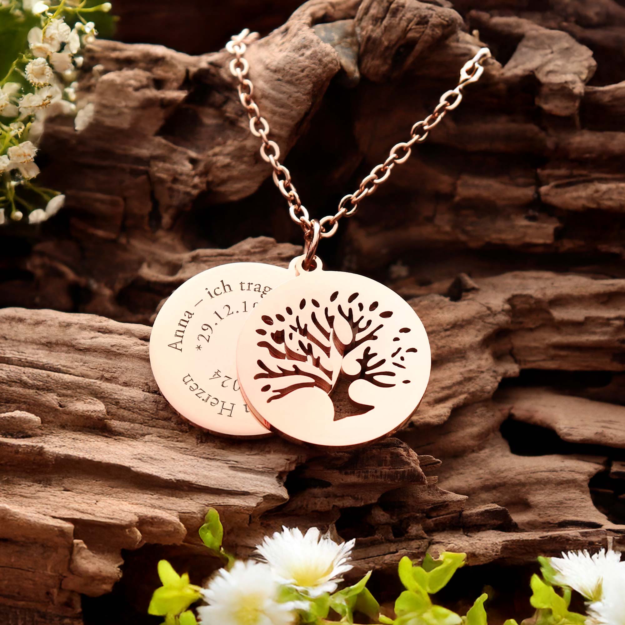 Personalisierte Halskette Roségold mit 2 Anhängern - Lebensbaum Personalisierte Halskette Roségold mit 2 Anhängern - Lebensbaum