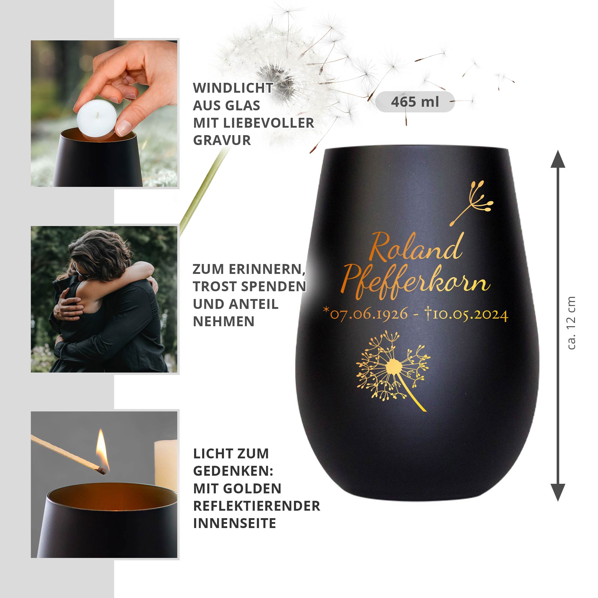 Personalisiertes Windlicht mit Trauerblume - Schwarz Gold Personalisiertes Windlicht mit Trauerblume - Schwarz Gold