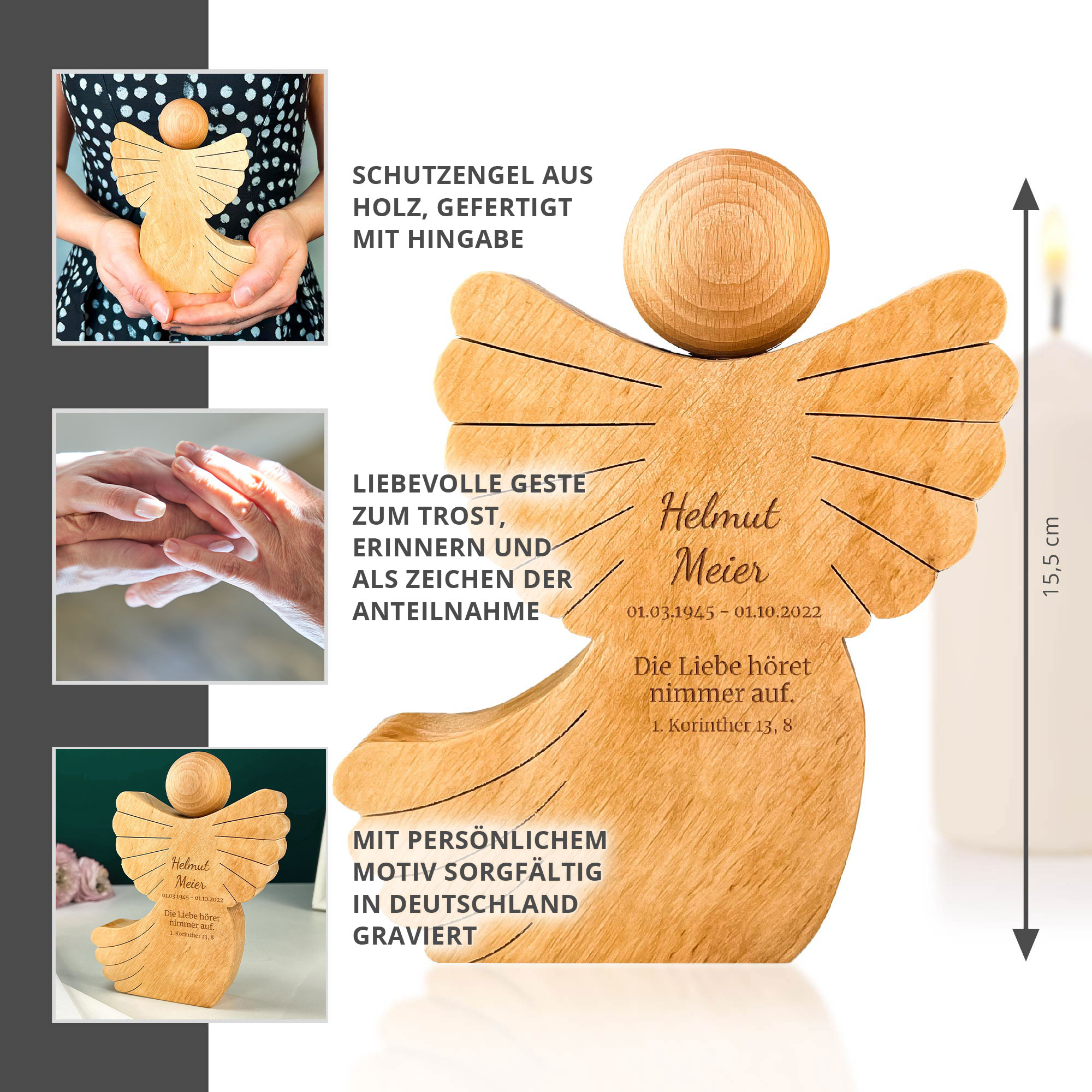 Personalisierter Holzengel mit Schweif - Die Liebe höret nimmer auf Personalisierter Holzengel mit Schweif - Die Liebe höret nimmer auf