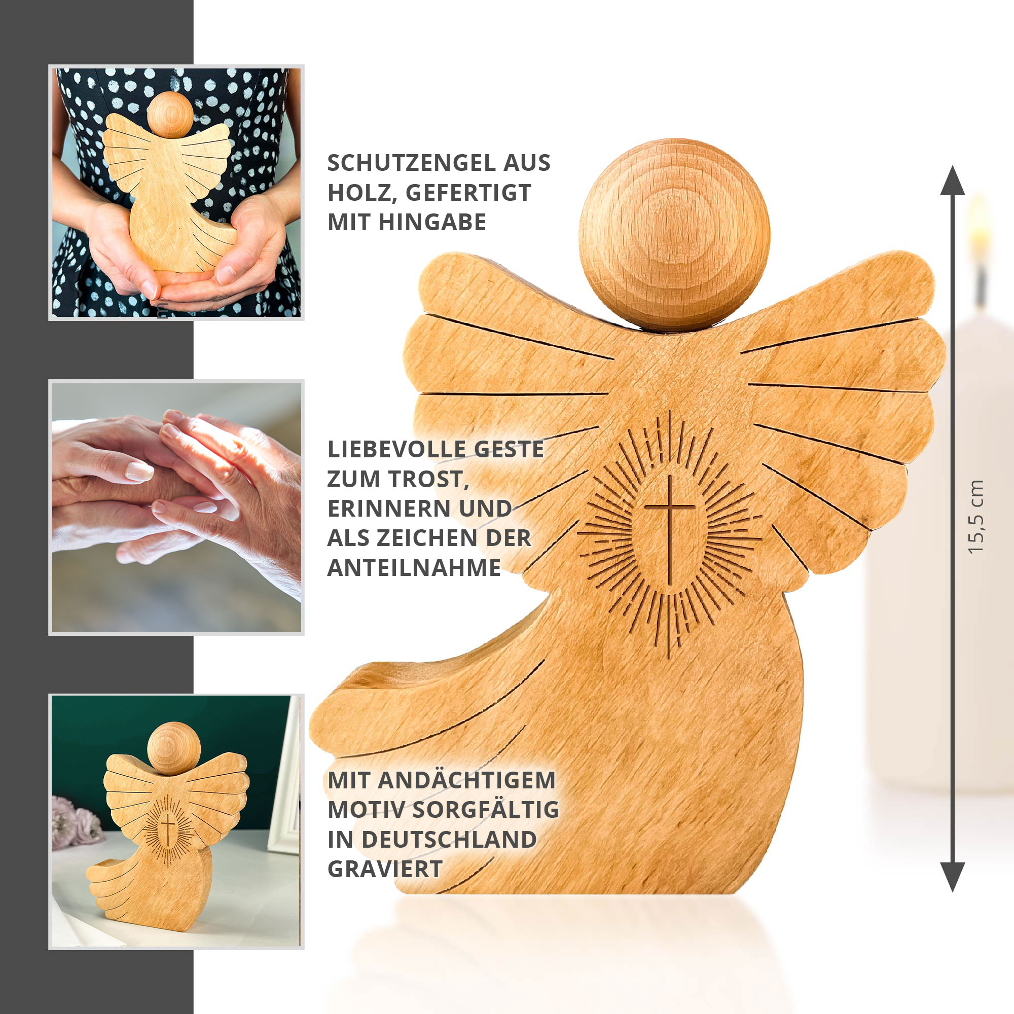 Holzengel mit Schweif - Kreuz Gravur