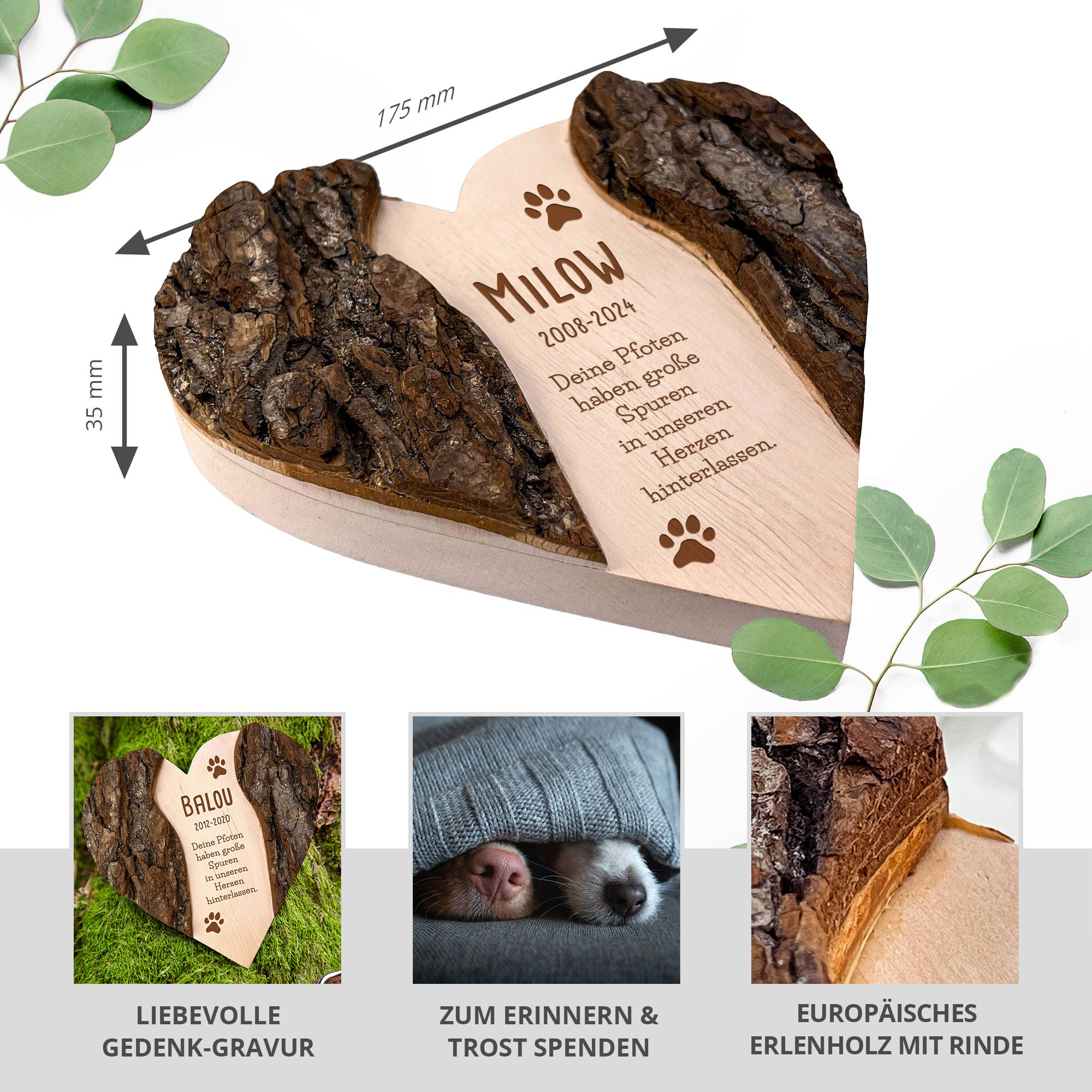Personalisiertes Holzherz mit Rinde - Hund Personalisiertes Holzherz mit Rinde - Hund