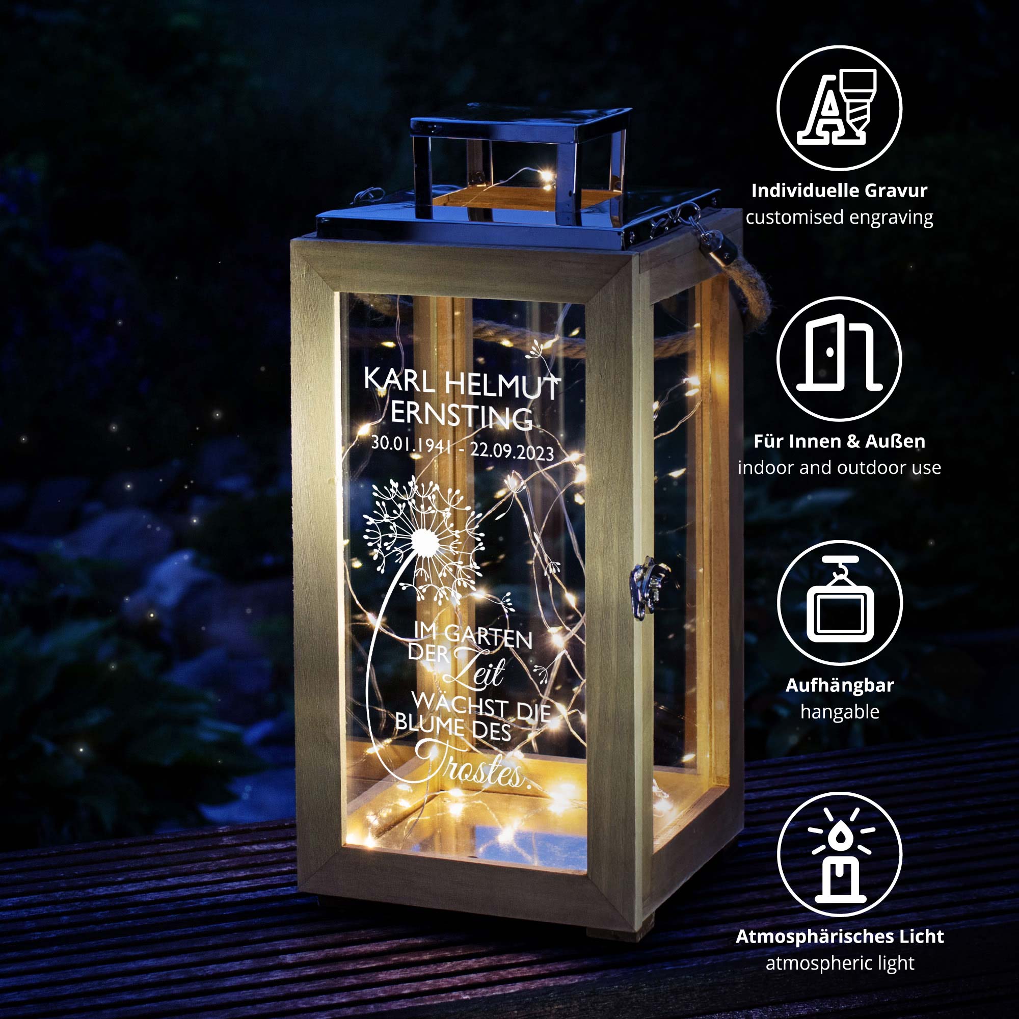 Personalisierte Holzlaterne - Blume des Trostes Personalisierte Holzlaterne - Blume des Trostes