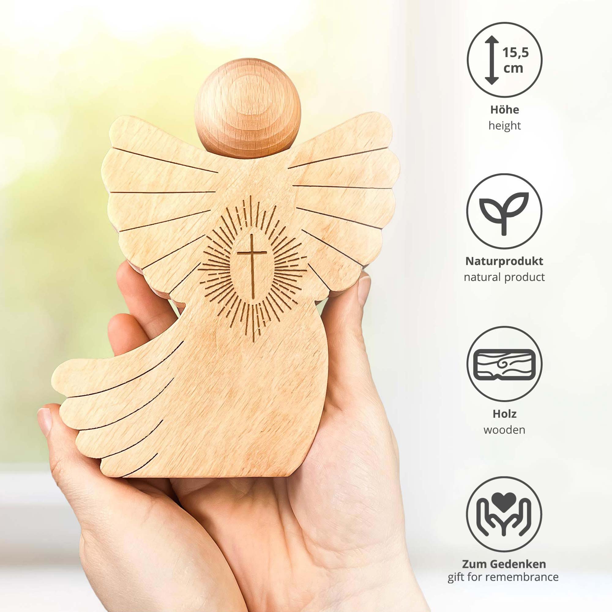 Holzengel mit Schweif - Kreuz Gravur Holzengel mit Schweif - Kreuz Gravur