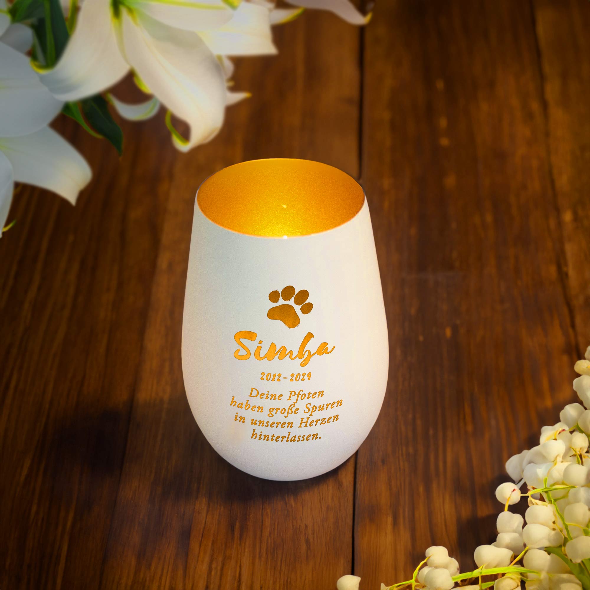 Personalisiertes Windlicht zur Trauer Katze - Weiß Gold Personalisiertes Windlicht zur Trauer Katze - Weiß Gold