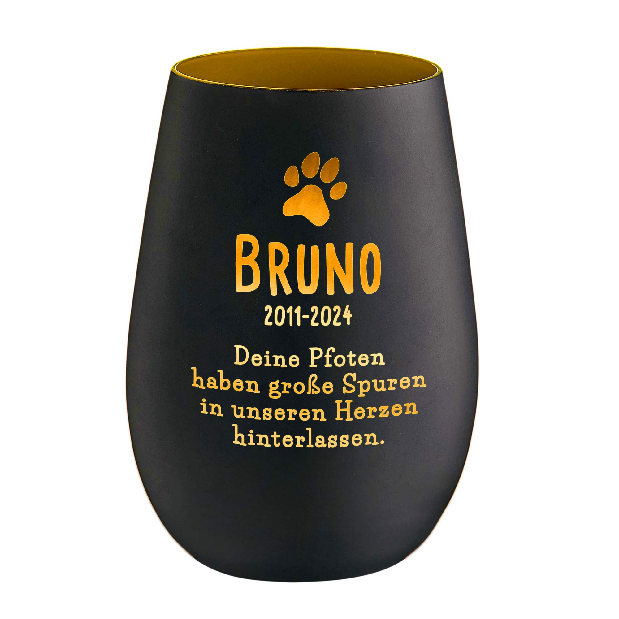 Personalisiertes Windlicht zur Trauer Hund - Schwarz Gold Personalisiertes Windlicht zur Trauer Hund - Schwarz Gold