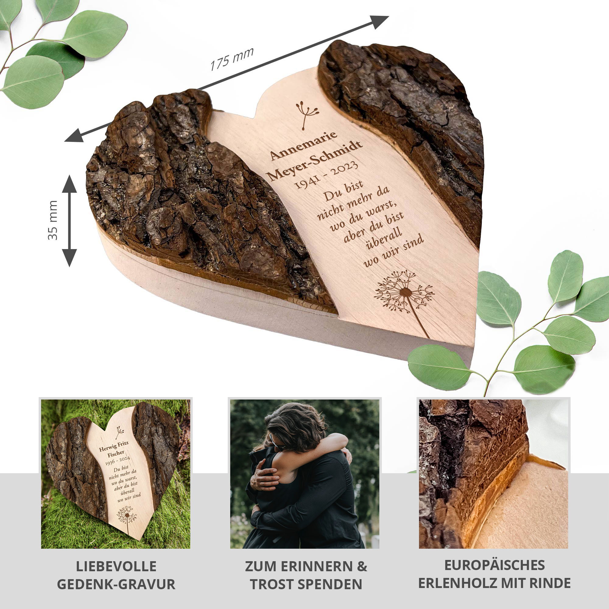 Personalisiertes Holzherz mit Rinde - Trauerblume Personalisiertes Holzherz mit Rinde - Trauerblume