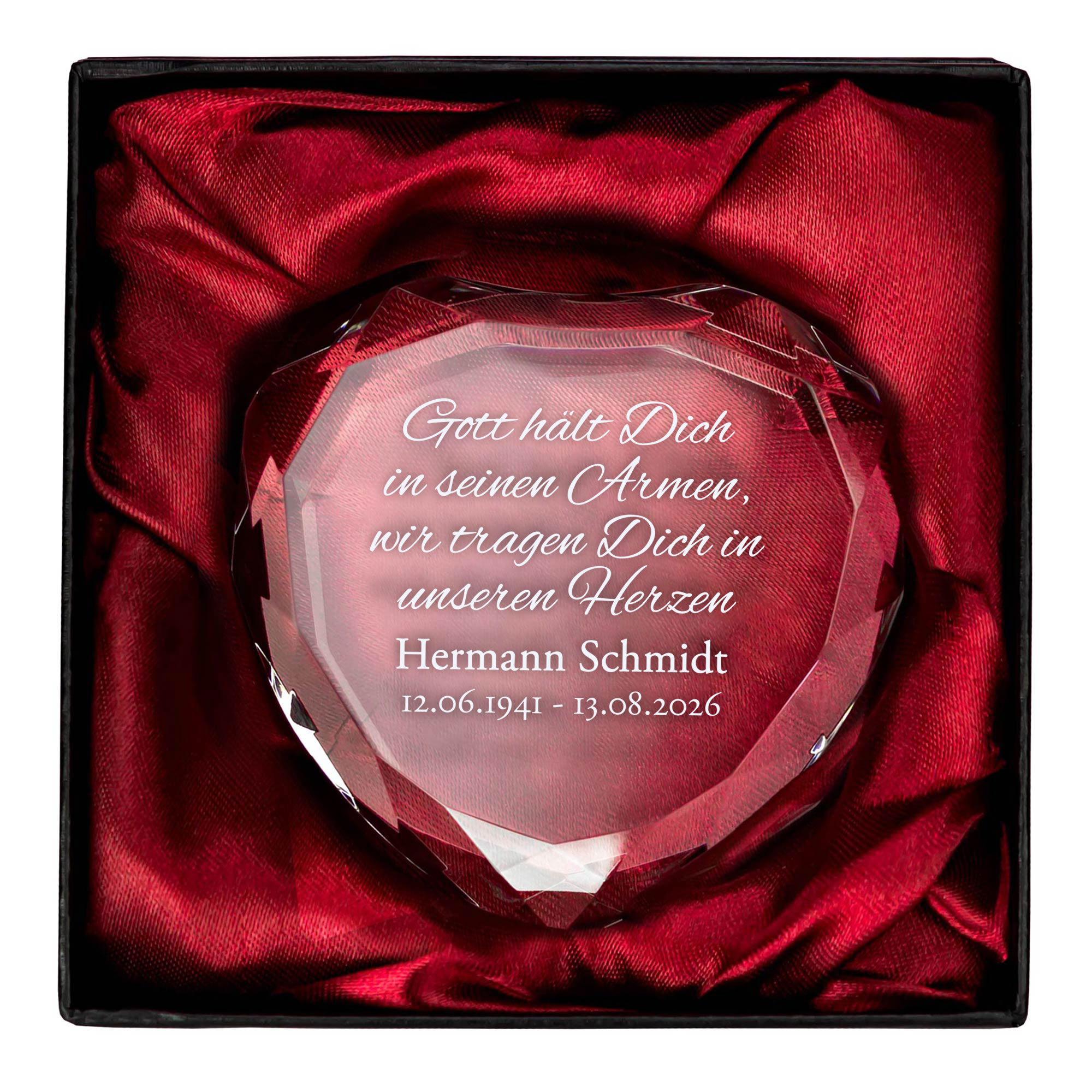 Personalisierter Herz Kristall - Gott hält dich in seinen Armen Personalisierter Herz Kristall - Gott hält dich in seinen Armen