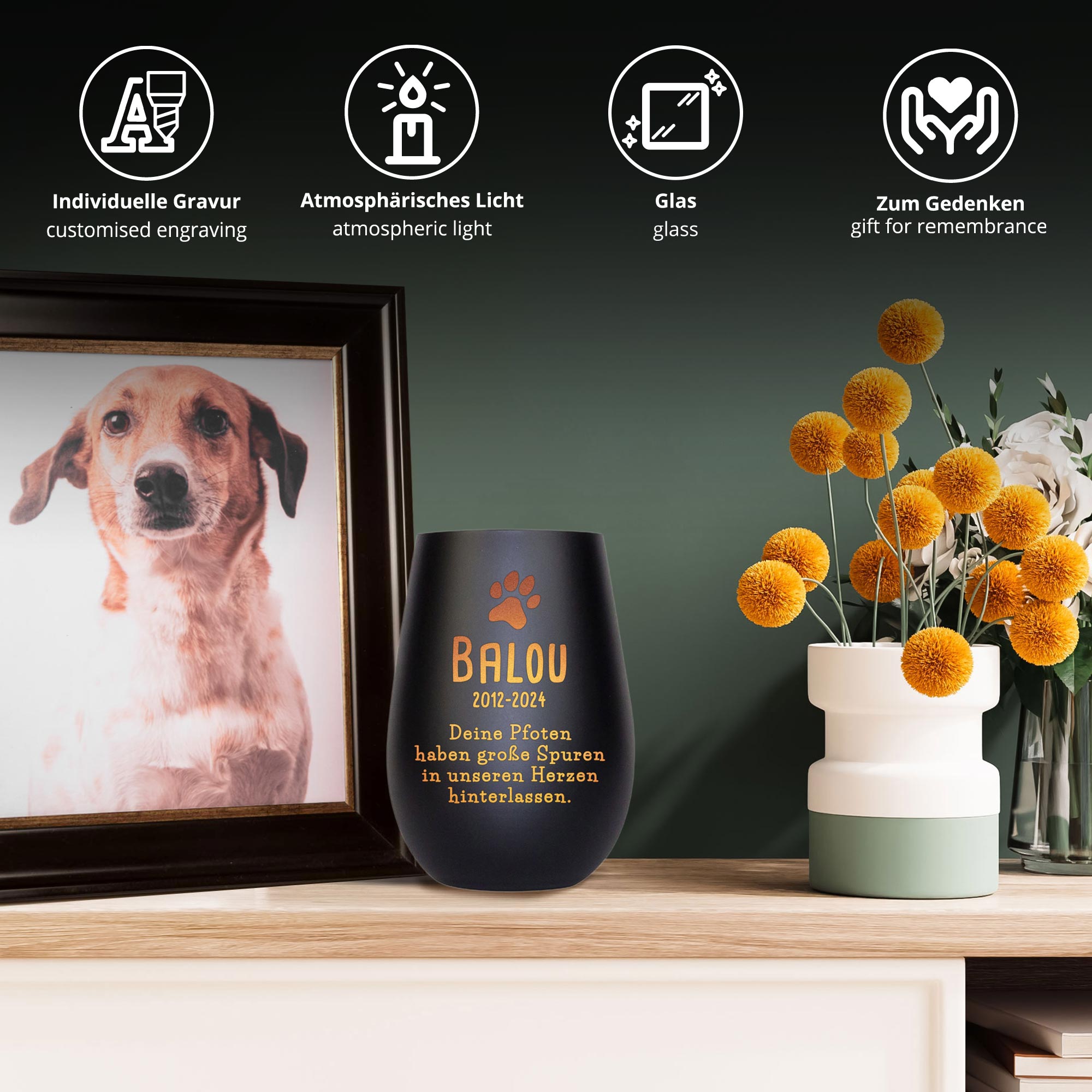 Personalisiertes Windlicht zur Trauer Hund - Schwarz Bronze Personalisiertes Windlicht zur Trauer Hund - Schwarz Bronze