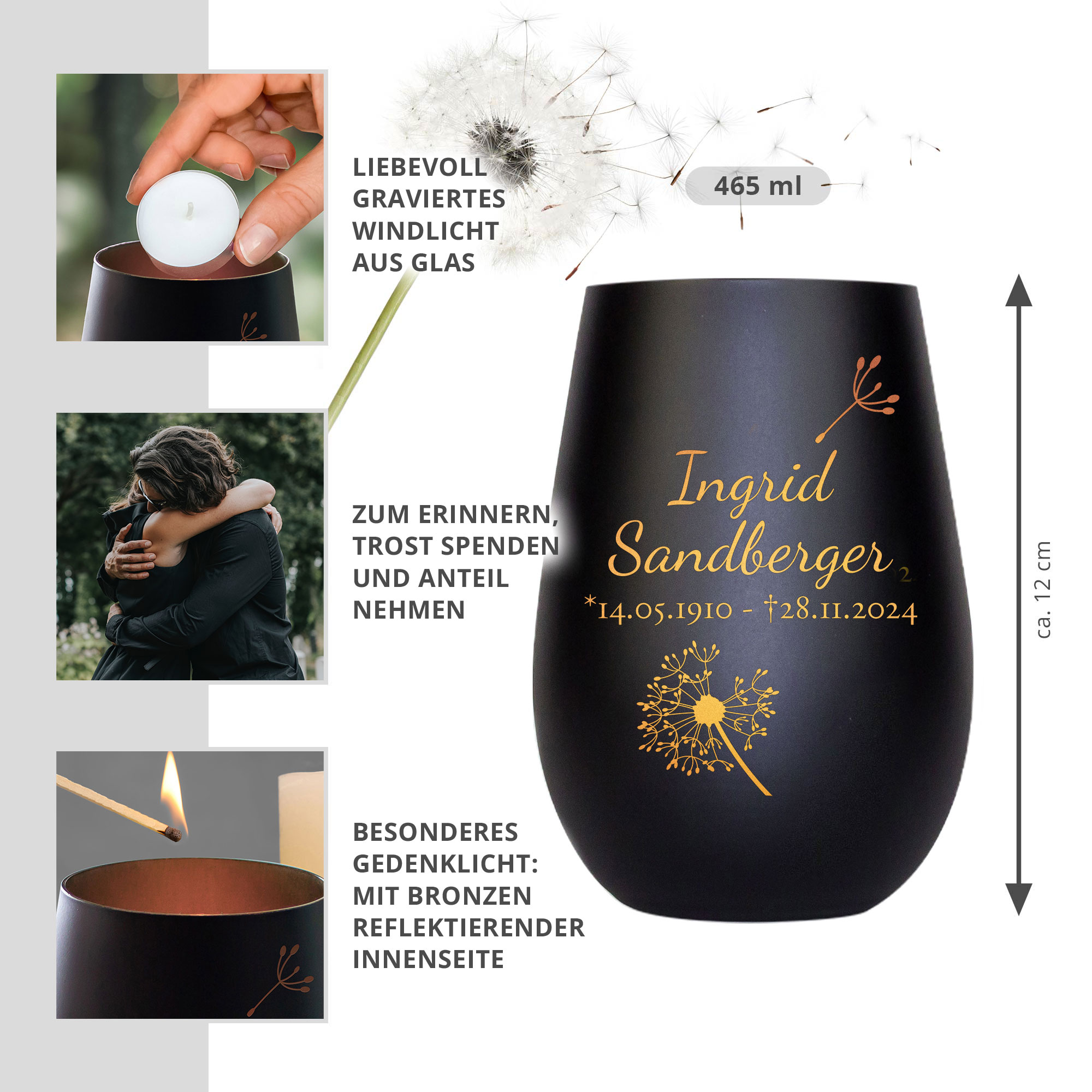 Personalisiertes Windlicht mit Trauerblume - Schwarz Bronze