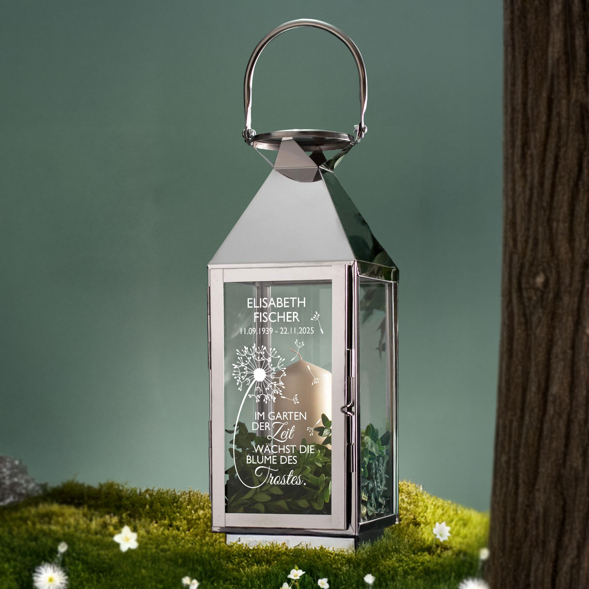 Personalisierte Silber Laterne - Blume des Trostes Personalisierte Silber Laterne - Blume des Trostes