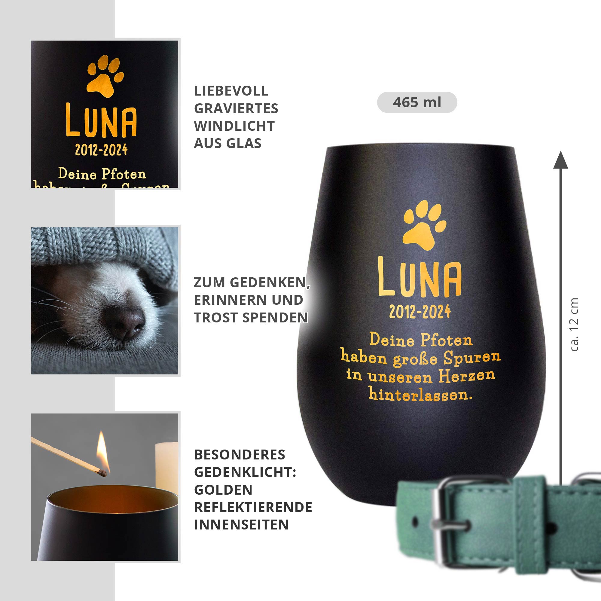 Personalisiertes Windlicht zur Trauer Hund - Schwarz Gold Personalisiertes Windlicht zur Trauer Hund - Schwarz Gold