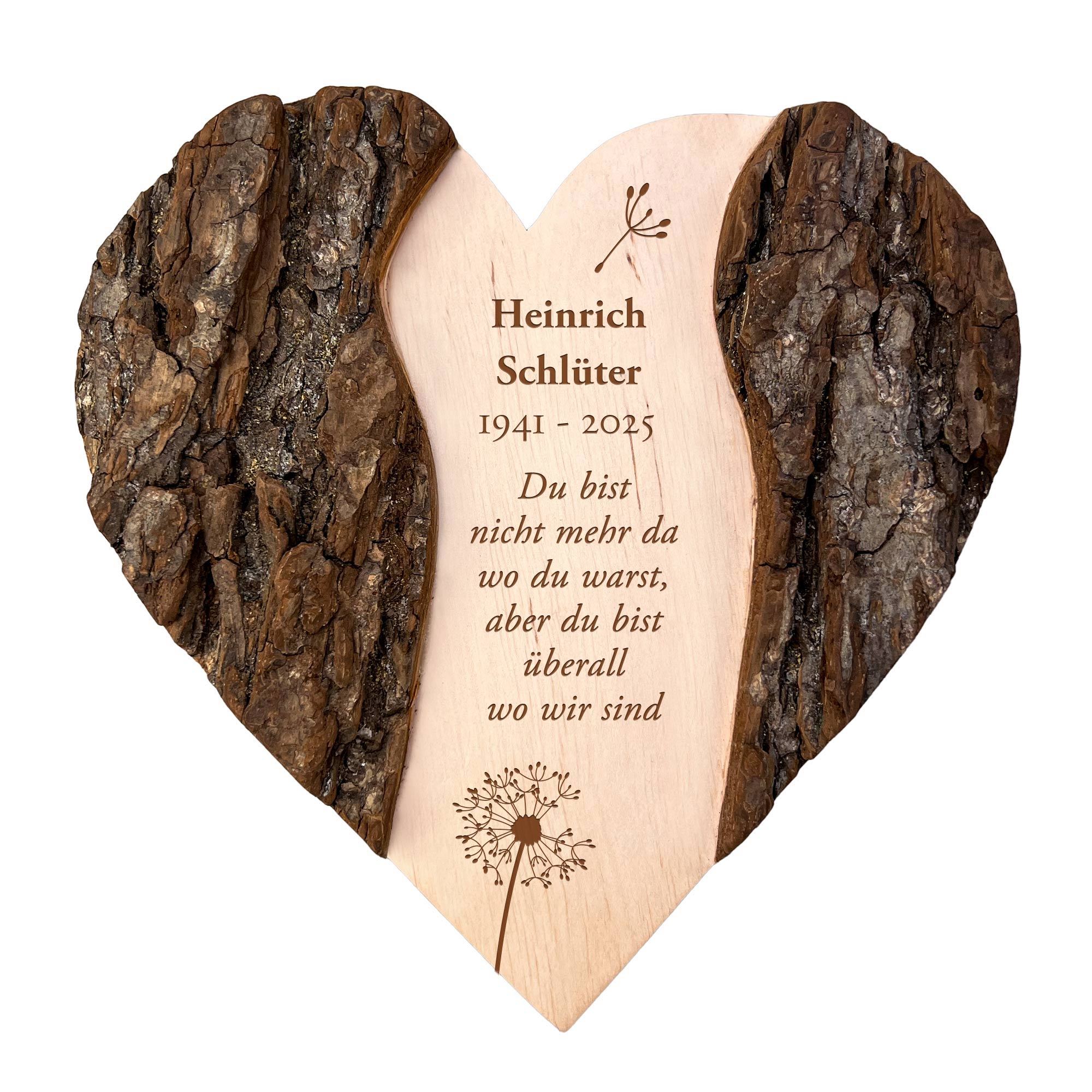 Personalisiertes Holzherz mit Rinde - Trauerblume
