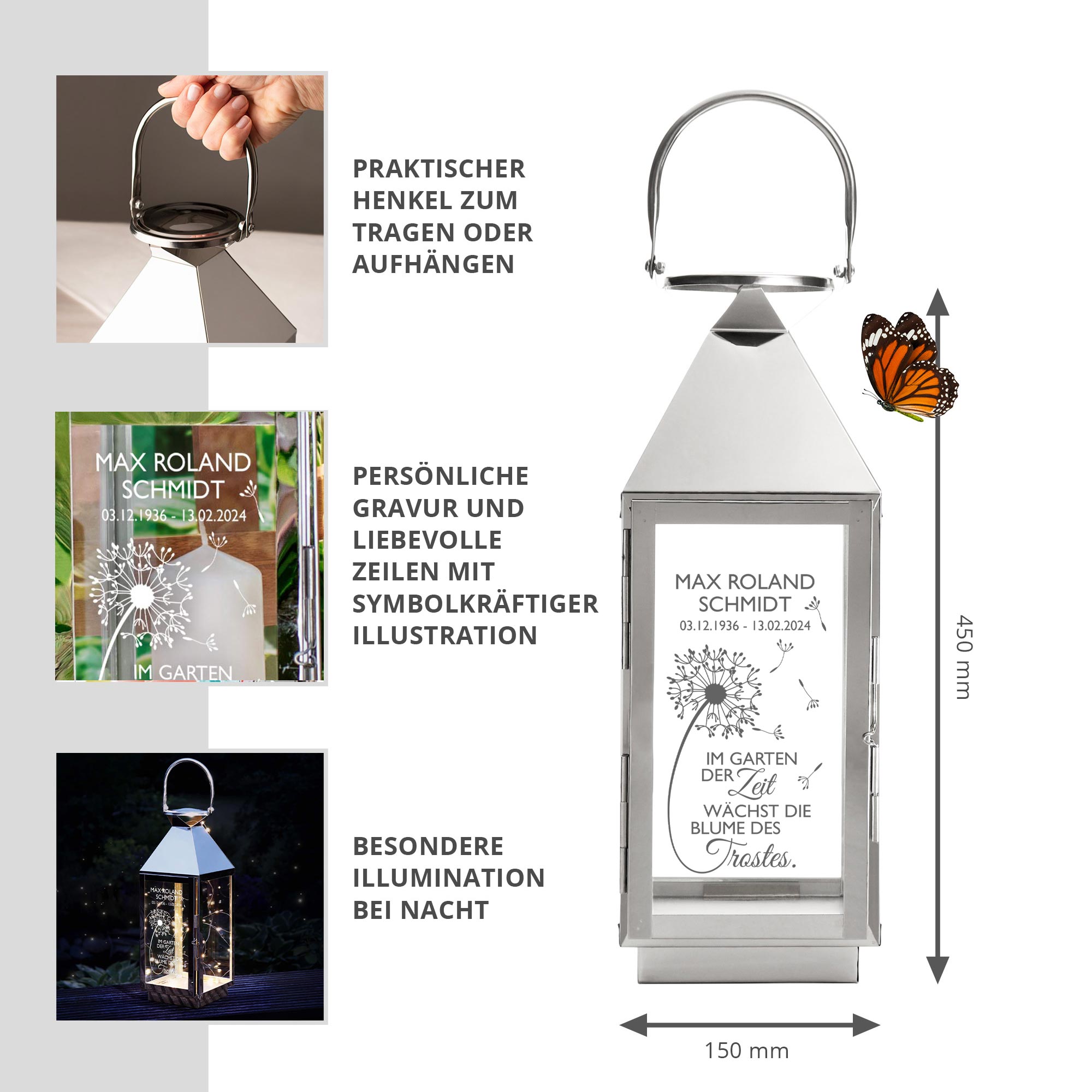 Personalisierte Silber Laterne - Blume des Trostes Personalisierte Silber Laterne - Blume des Trostes