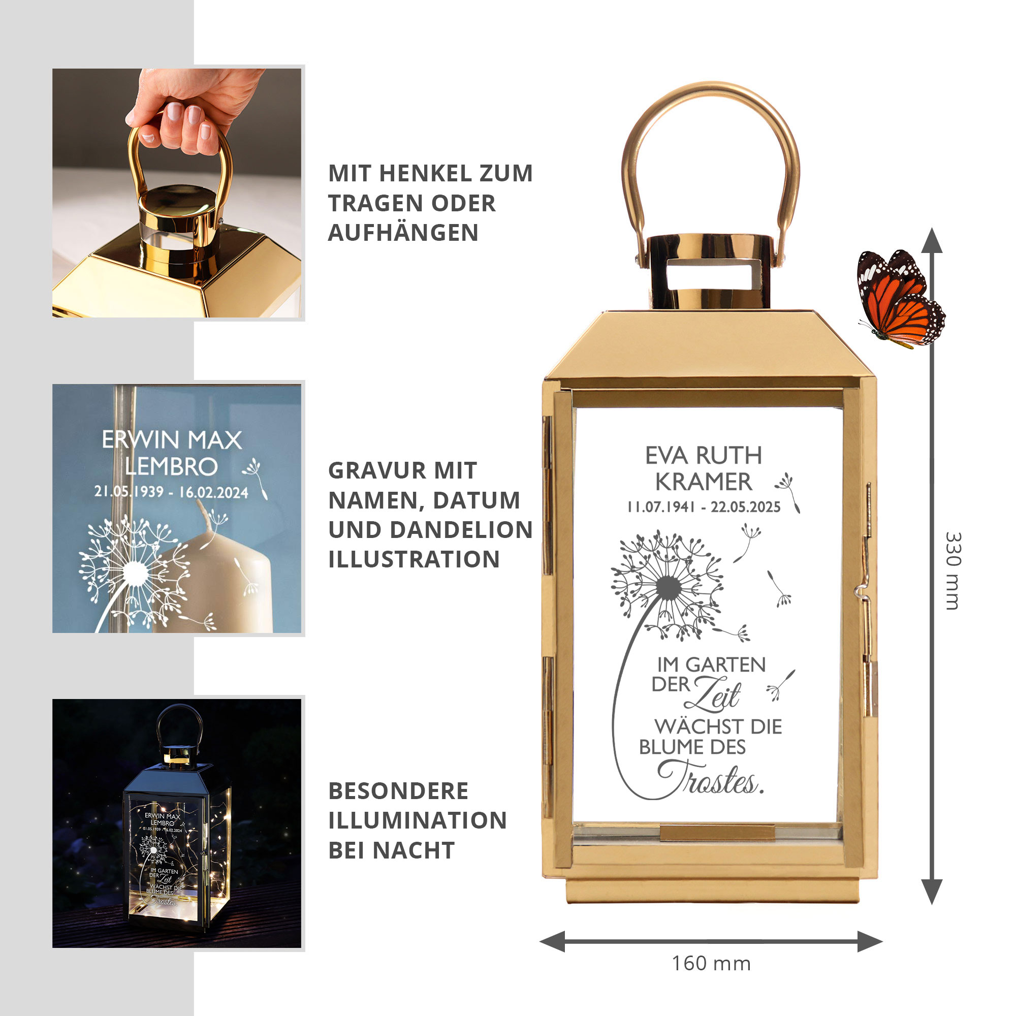 Personalisierte Gold Laterne - Blume des Trostes Personalisierte Gold Laterne - Blume des Trostes