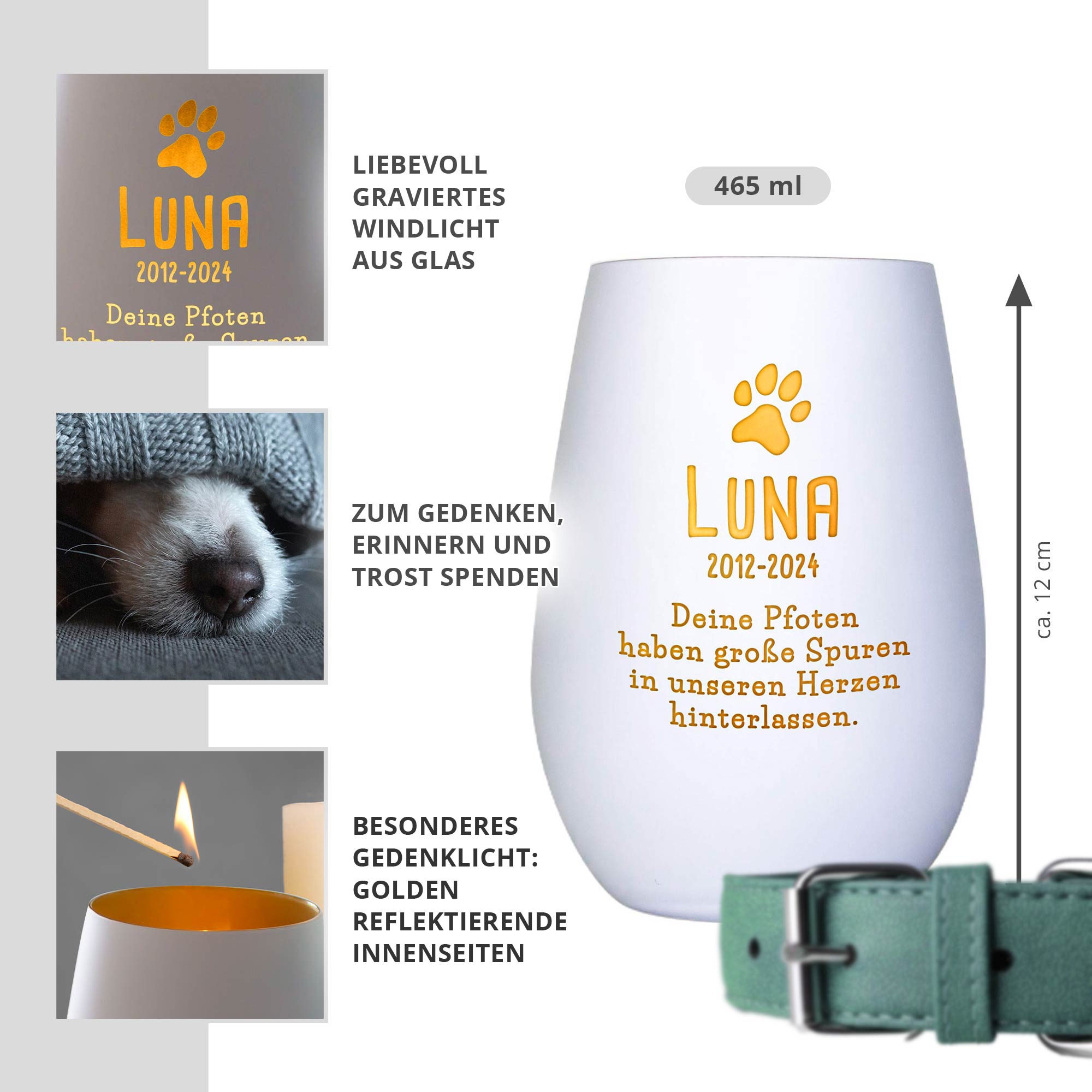 Personalisiertes Windlicht zur Trauer Hund - Weiß Gold Personalisiertes Windlicht zur Trauer Hund - Weiß Gold