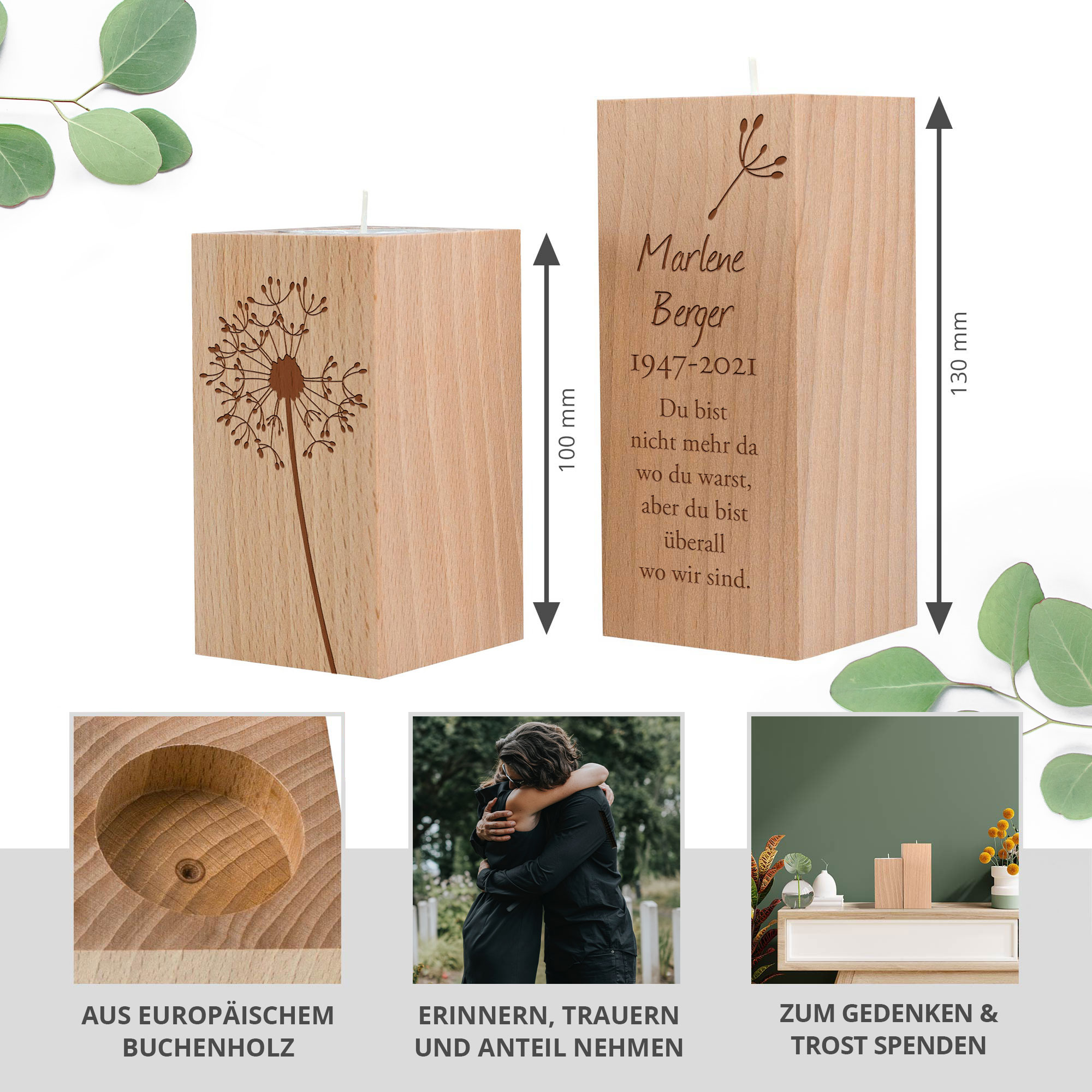 Teelichthalter Set mit Gravur zur Trauer - Trauerblume