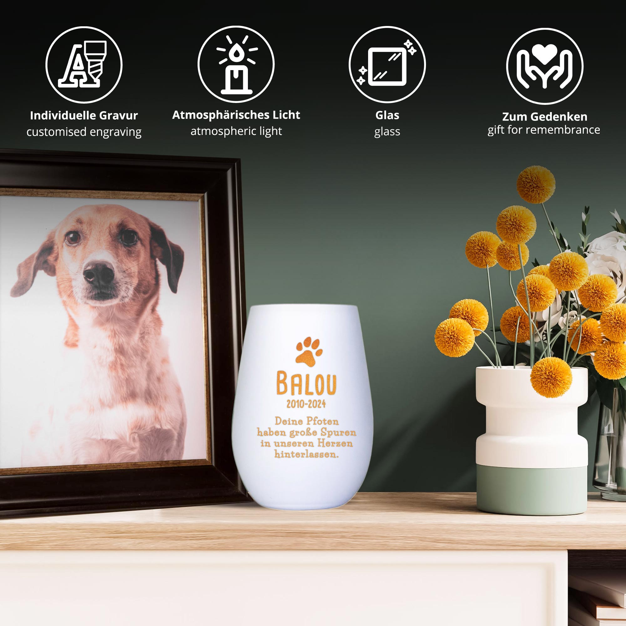 Personalisiertes Windlicht zur Trauer Hund - Weiß Bronze Personalisiertes Windlicht zur Trauer Hund - Weiß Bronze